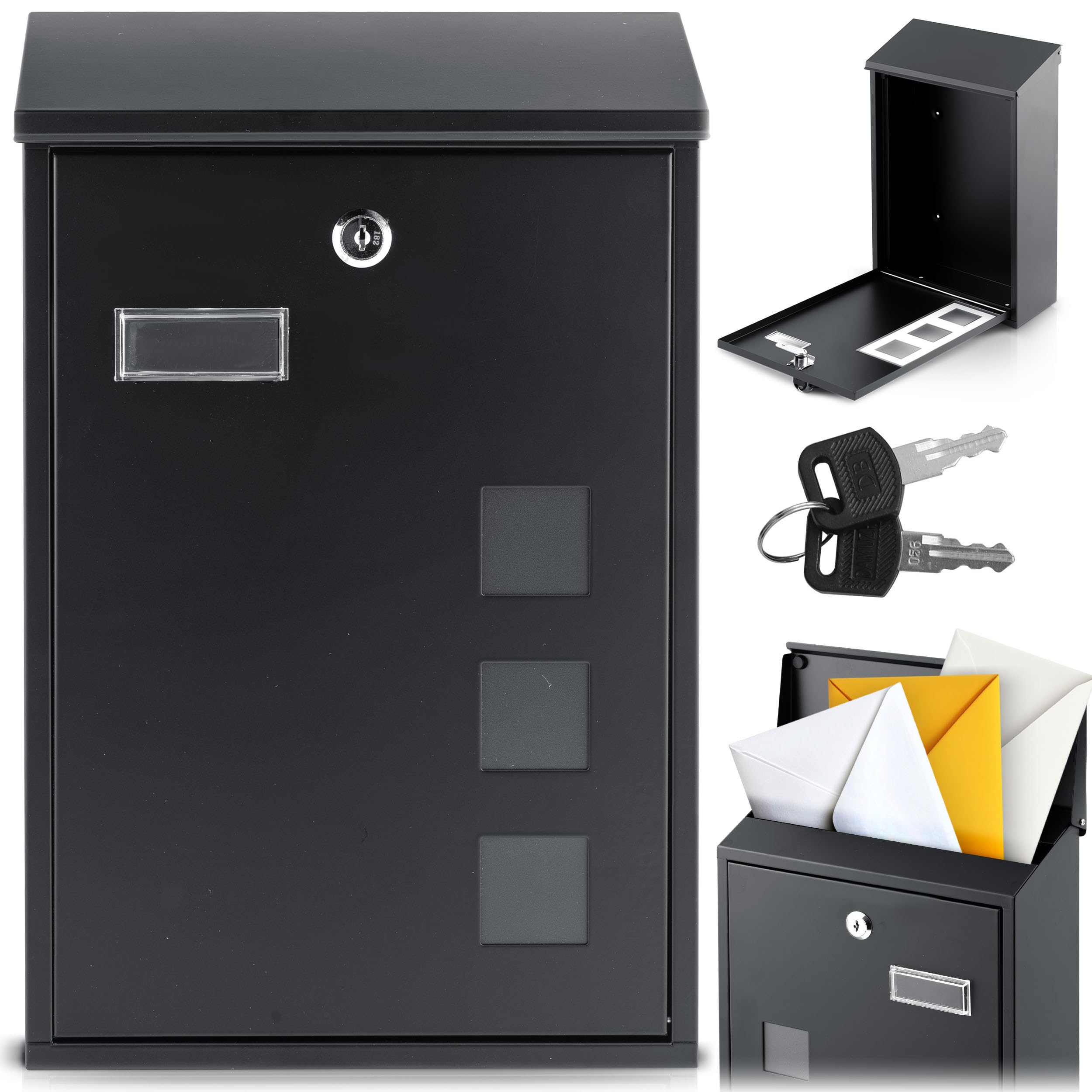 Humberg Cassetta Delle Lettere, In Acciaio, Resistente Agli Agenti Atmosferici, Richiudibile, 39,5 X 25,5 X 12 Cm, Colore: Nero-image