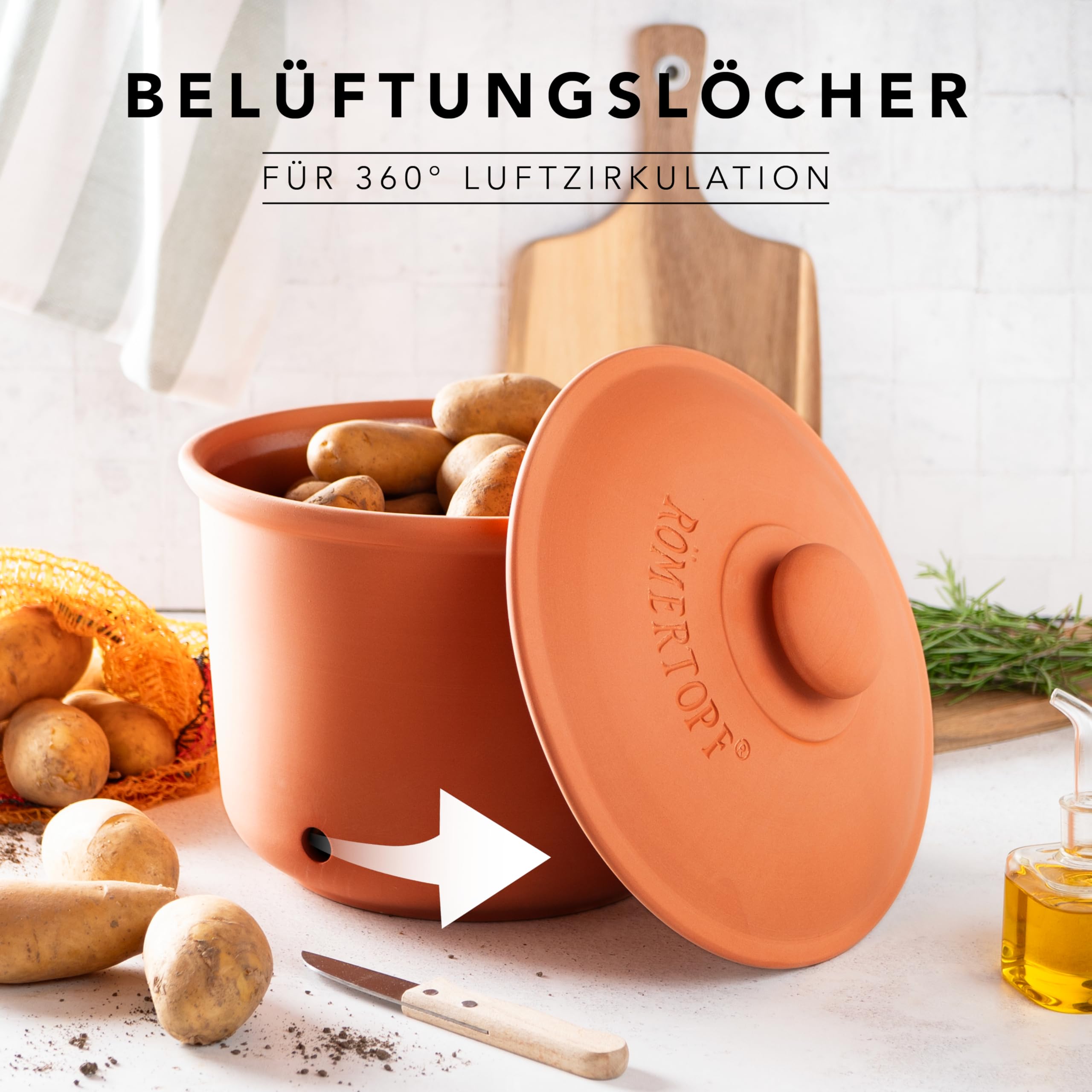 Römertopf zestaw 3 garnków – czosnek, cebula i ziemniaki, ceramiczne pudełko do przechowywania – oddychająca glina utrzymuje świeżość warzyw dłużej – terakota