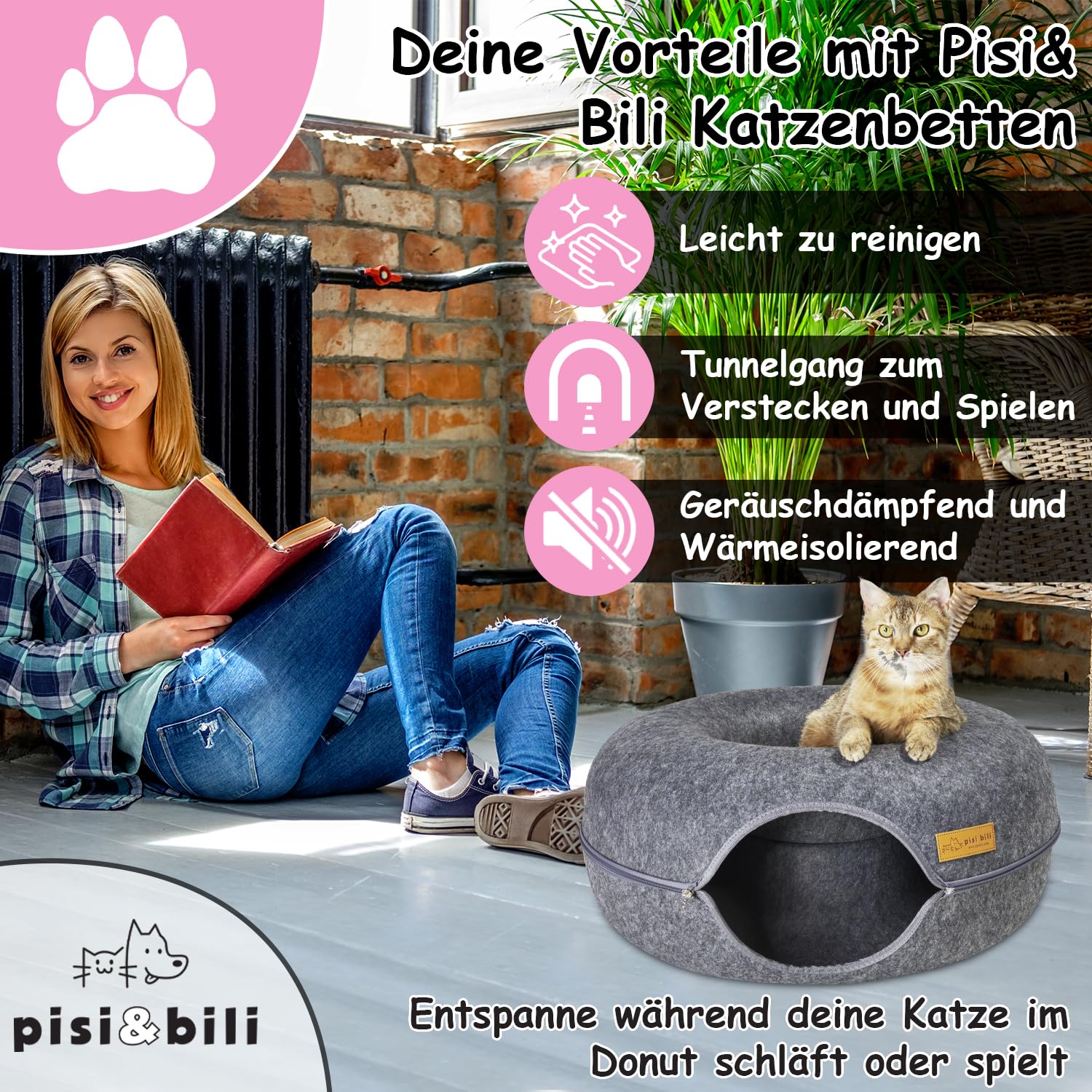 Katzentunnel Donut Filz Rund 60x60x28 – Flauschiges Katzenbett mit waschbarem Kissen, gemütliche Katzenhöhle als Schlaf und Spielplatz, kratzfestes Katzenkörbchen – Anthrazit