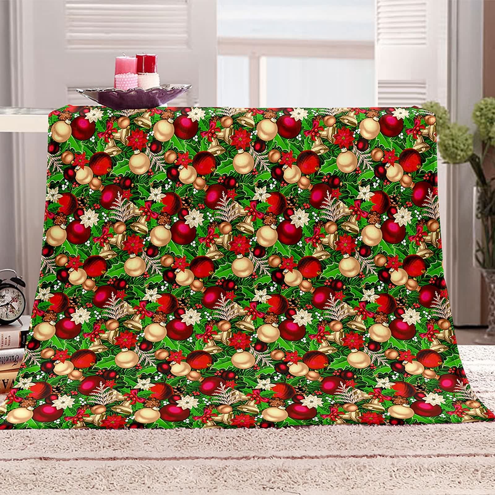 Daesar - Manta Decorativa para Cama,Cobija Cama 90 Manta Sofa Hojas de Pino y Campanas y Bolas de Decoración Navideña Manta Franela 130x150cm Manta Sofá Verde Rojo Oro