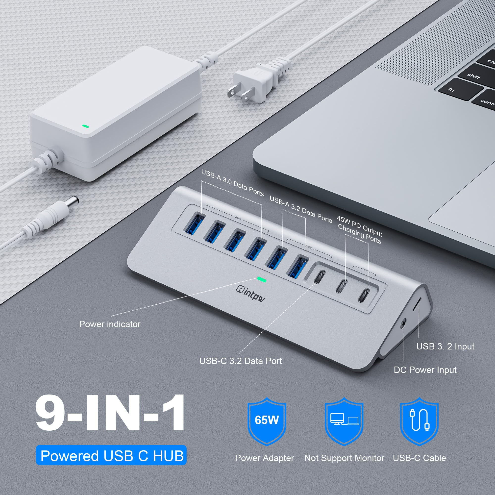 Hub USB alimentato da 10 Gbps, hub USB 3.2 intpw a 9 porte, hub USB C con USB A/USB C 3.2, 4 USB 3.0, 2 porte di ricarica PD 45 W, adattatore di alimentazione da 65 W e cavo da 3,3 m, hub USB in