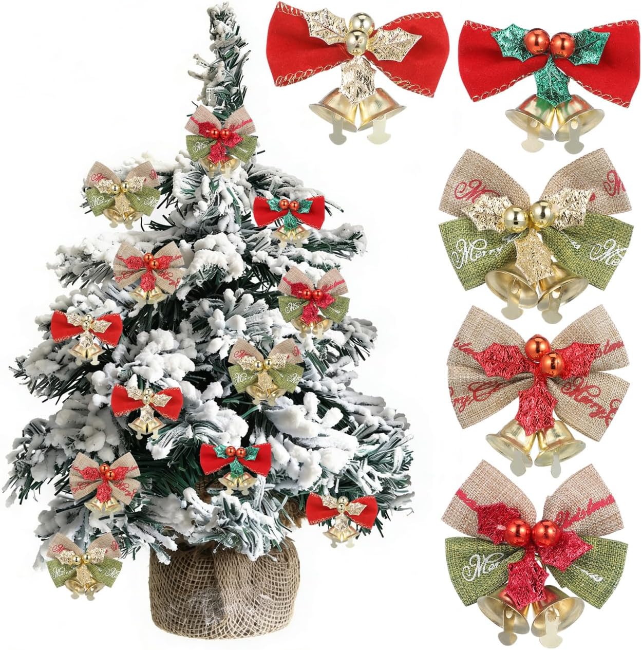 Mini Christmas Bows Ornaments with Bells: 25 Pcs Small Linen Bows and Metal Jingle Bells for DIY Crafts Xmas Tree Hanging Party Wedding Decorations 2.2 Inches