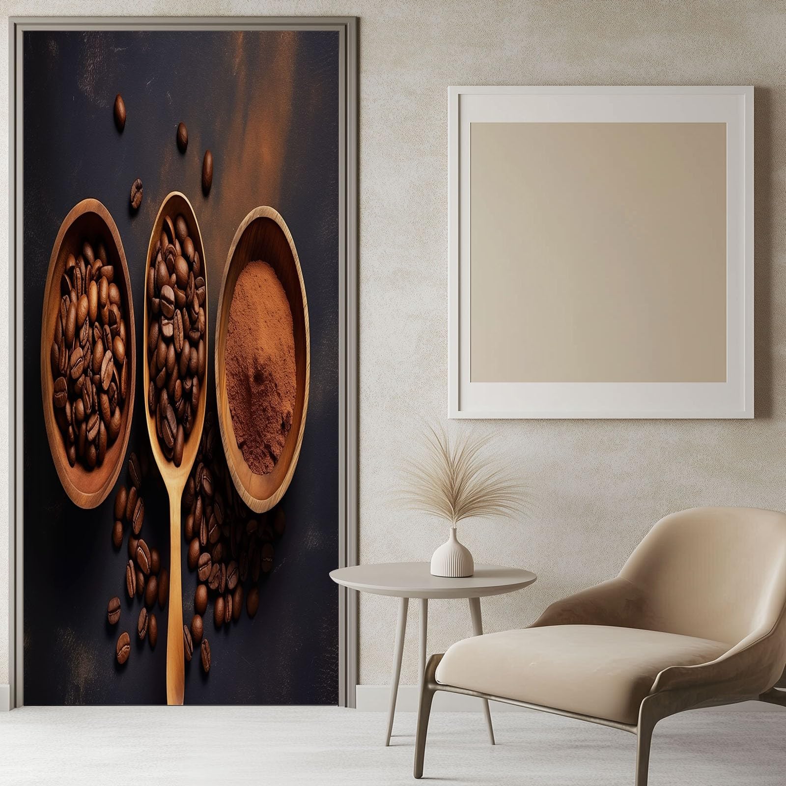 Tapeta na drzwi 3D, samoprzylepna, drewniana łyżka w stylu dworkowym, na ziarna kawy, plakat na drzwi, nowoczesna i prosta, wodoszczelna, zdejmowana folia na drzwi, do salonu, sypialni, łazienki, 85 x