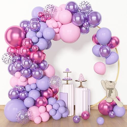 Miniatura 4 de Amandir Kit de arco de guirnalda de globos de color rosa y morado, diferentes tamaños de 18, 12, 10, 5 pulgadas, color rosa, morado, rojo, látex,