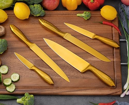 Miniatura 8 de WELLSTAR - Juego de cuchillos de cocina dorados de 5 piezas, hoja de acero inoxidable alemán afilada y mango ergonómico con revestimiento de titanio