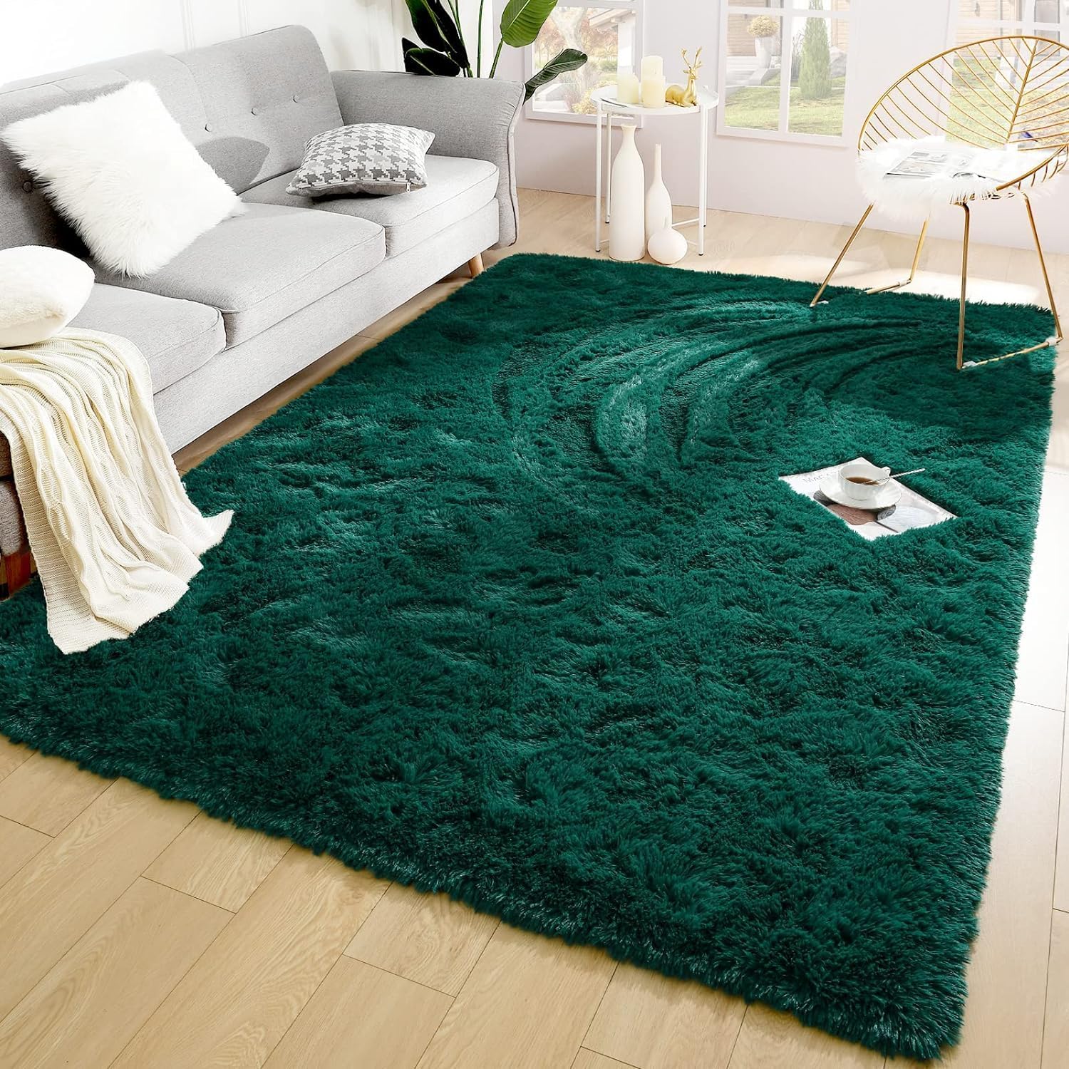 Merelax Soft Modern Indoor Shaggy Area Rug for Bedroom Livingroom Dorm Kids Room Home Decorative, Non-Slip Plush Fluffy Furry Fur Rugs Comfy Nursery Accent Floor Carpet 3x5 Feet, Deep Green
