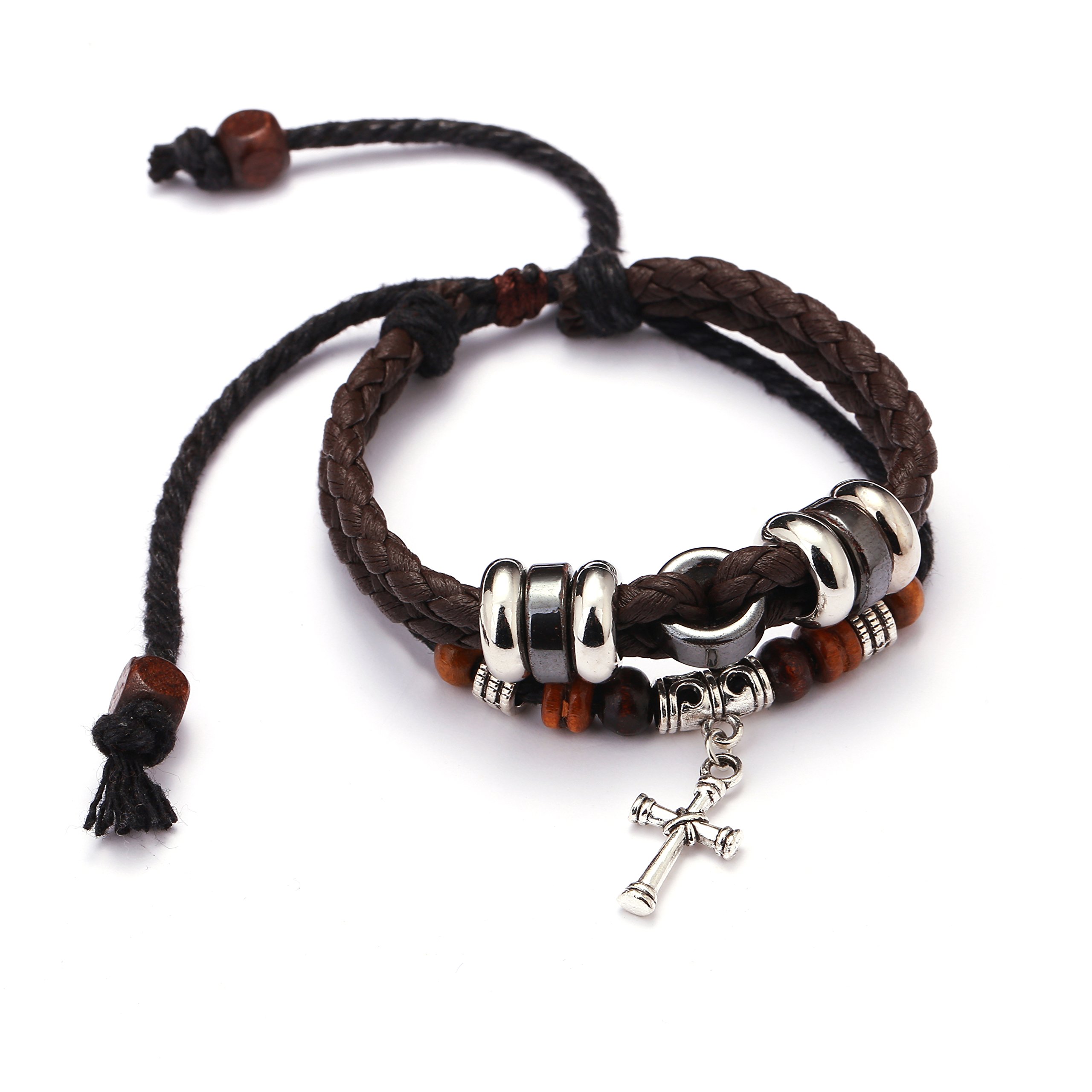 Leather Bracelet for Men Women - Multi-Layer Braided Wrist Wrap Bracelet Cuff - Adjustable