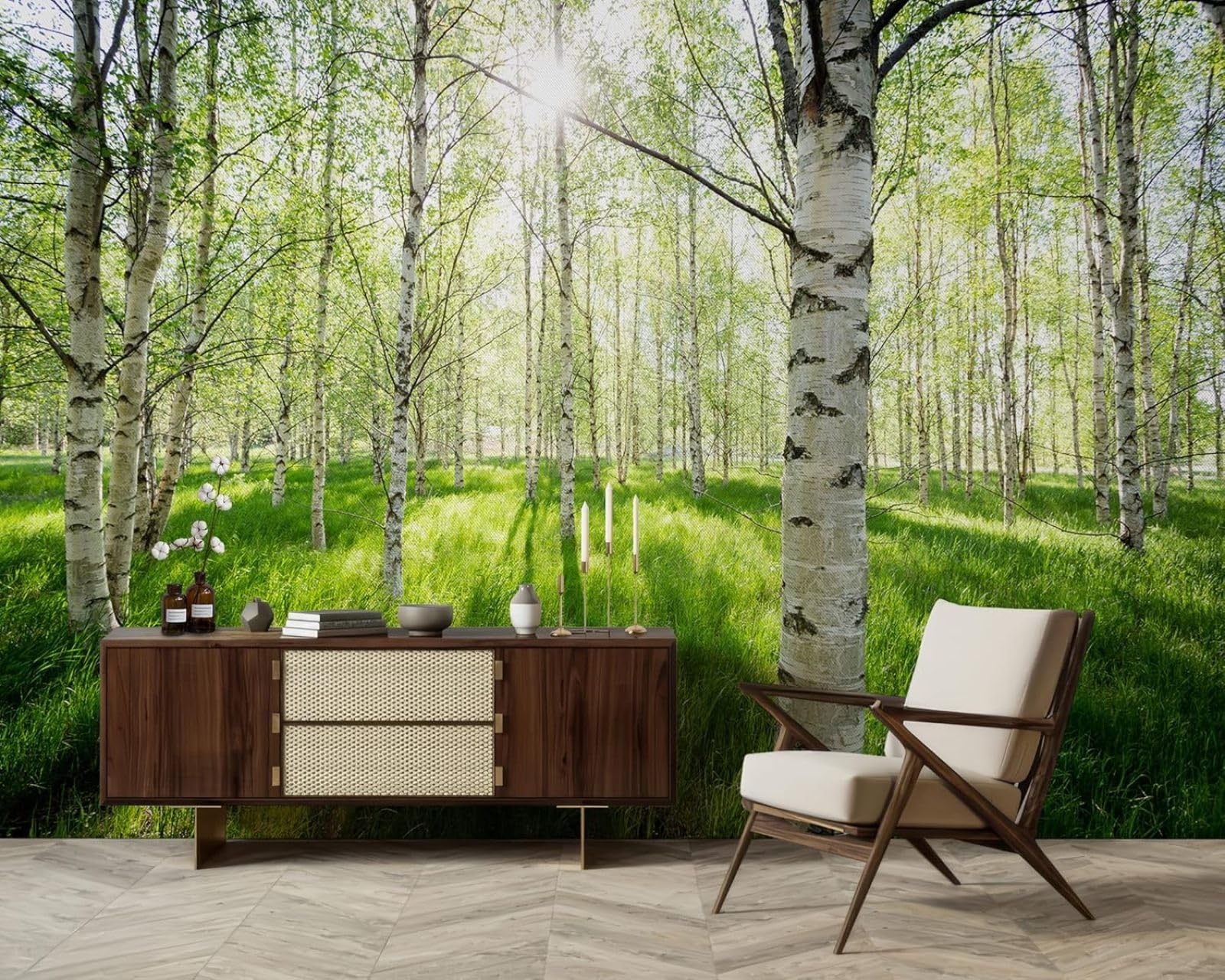 hgjdjhnf Photo Wallpaper Birch Green Spring Forest Non-Woven ModernWallpaper Living Room Bedroom Children's RoomDecoration Motif Wallpaper,430cmx300cmSticker - Background- Painting - Po