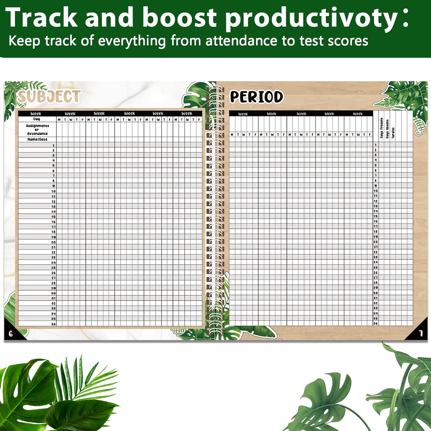 Simply Boho Record Book Teacher Class Gradebook Green Leaves Plant Record Book Office Supplies Favors Gift for Teacher Boho Decoration for Classroom Double-Sided Color Printing 9’’X11’’ (65 pages)