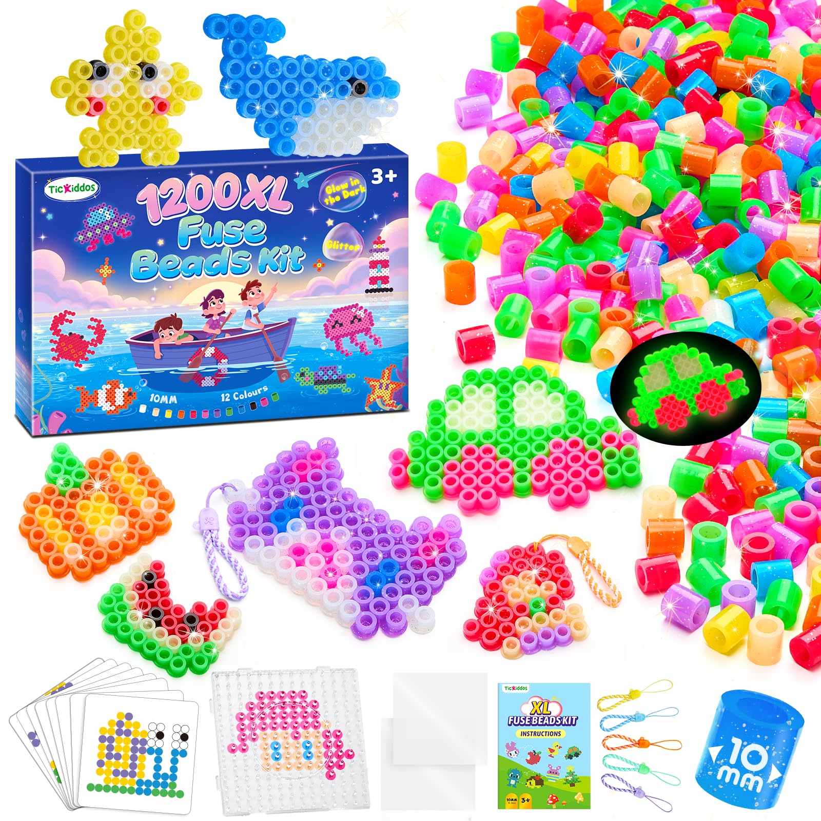 10mm Bügelperlen Glitzer, Bügelperlen Set Nachtleuchtend, 1.200 Stück 12 Pastell Farben XL Steckperlen mit Steckplatte und Muster, Bastelperlen Set Perlenset Geburtstag Geschenk für Kinder ab 3