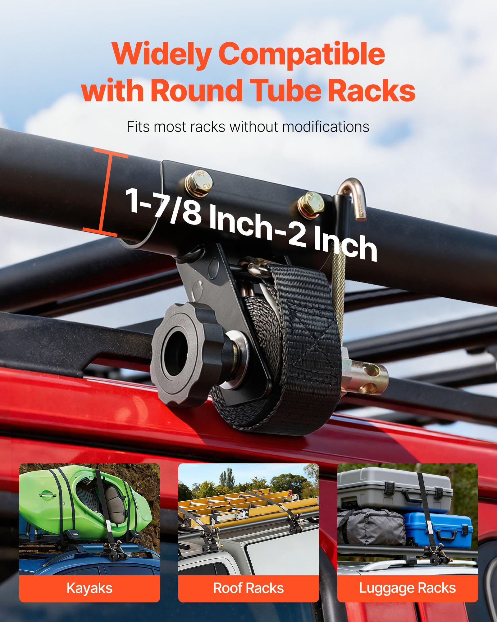 VEVOR Cinghie a Cricchetto per Retrattili Confezione da 4 Montaggio su Tubo Tondo Nero, Larghezza 38 mm x Lunghezza 2,25 m, Cinghie Nere per Fissaggio con Doppi Ganci a J, Carico 226,8 kg