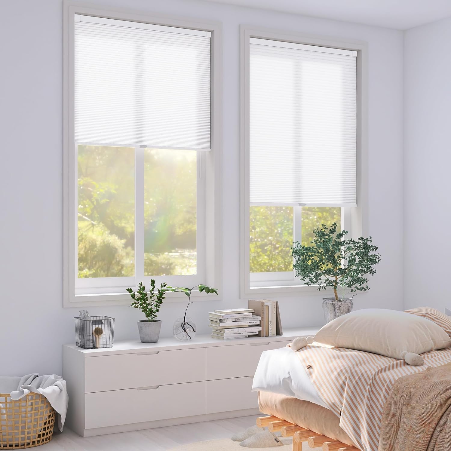 No Drill Cellular Shades for Indoor Window, Cordless No Tool Honecomb Blinds with Light Filtering, Thermal Insulated Noise Reduction, Easy Install for Home, Office, White, 17" W x 48" H