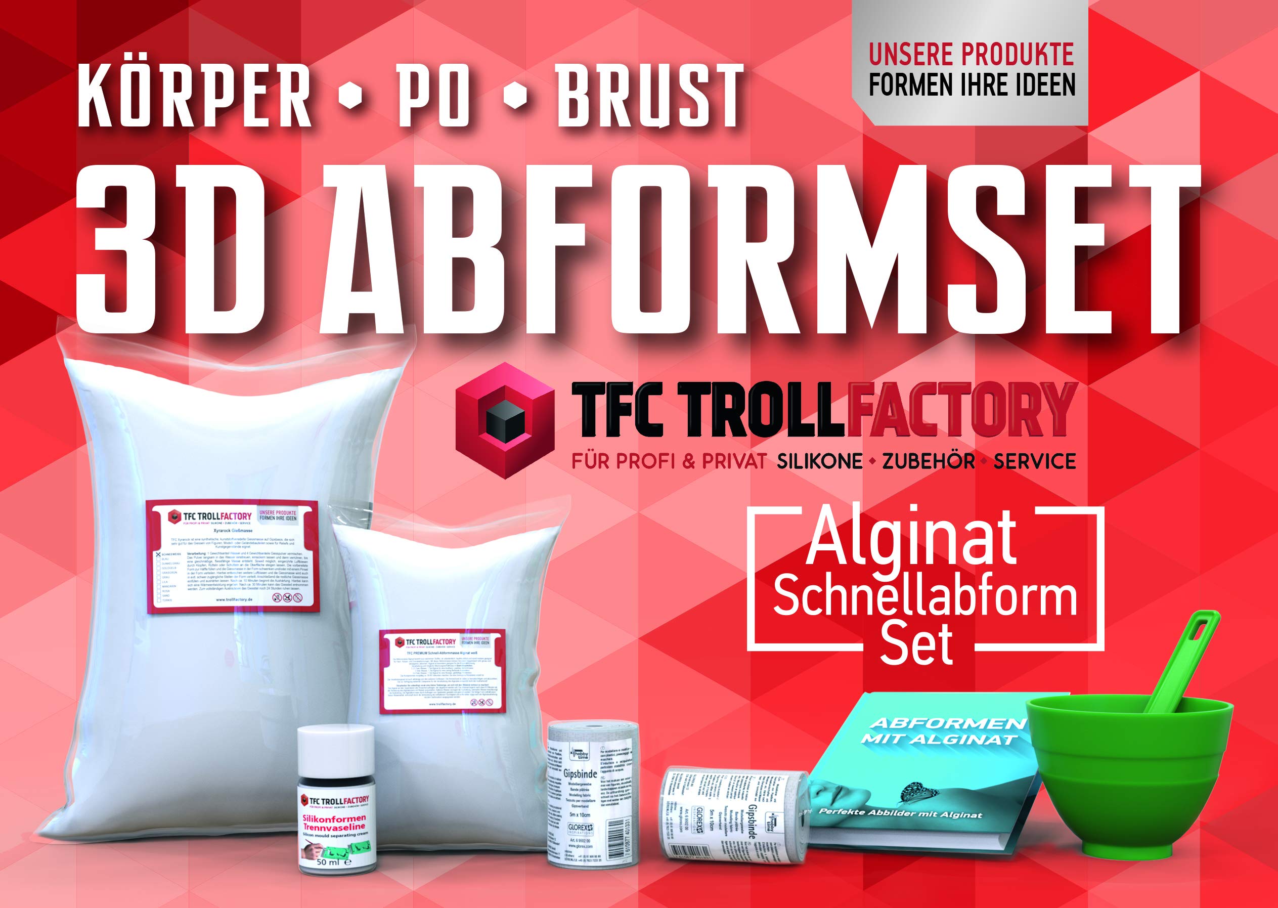 TFC 3D Körper Po oder Brust Abformset, mit 1kg TFC Alginat Abformmasse 9-11 Minuten, 3kg TFC Xyrarock Giessmasse 4:1, Mischbecher, Rührspatel, 2X Gipsgebinde, Trennvaseline und unserer Anleitung