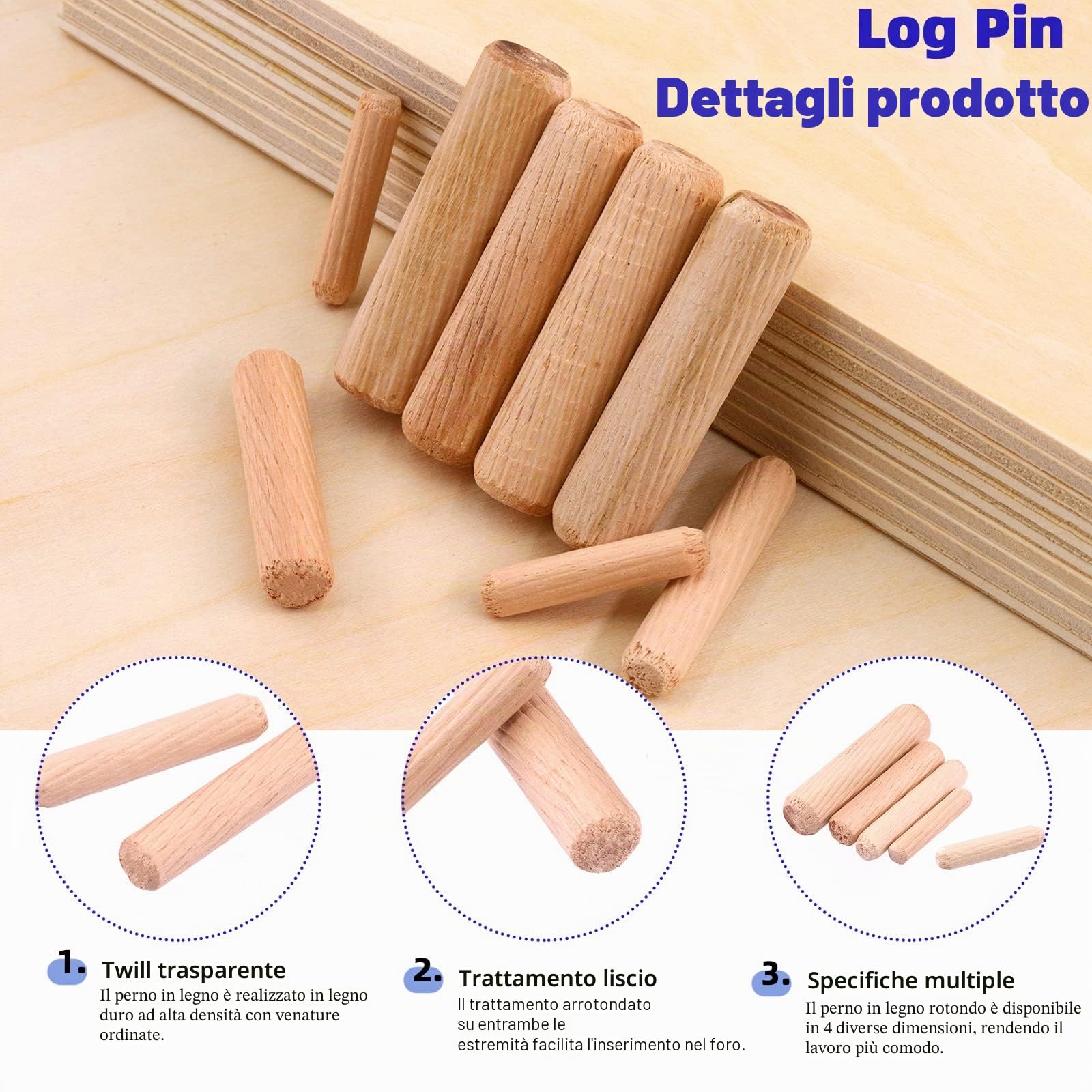 Glarks Set di 508 Tasselli in Legno da 1/4", 5/16", 3/8", 1/2", Estremità Smussate, Scanalati e Cavi Solidi per Tenone, Mobili, Progetti Artistici