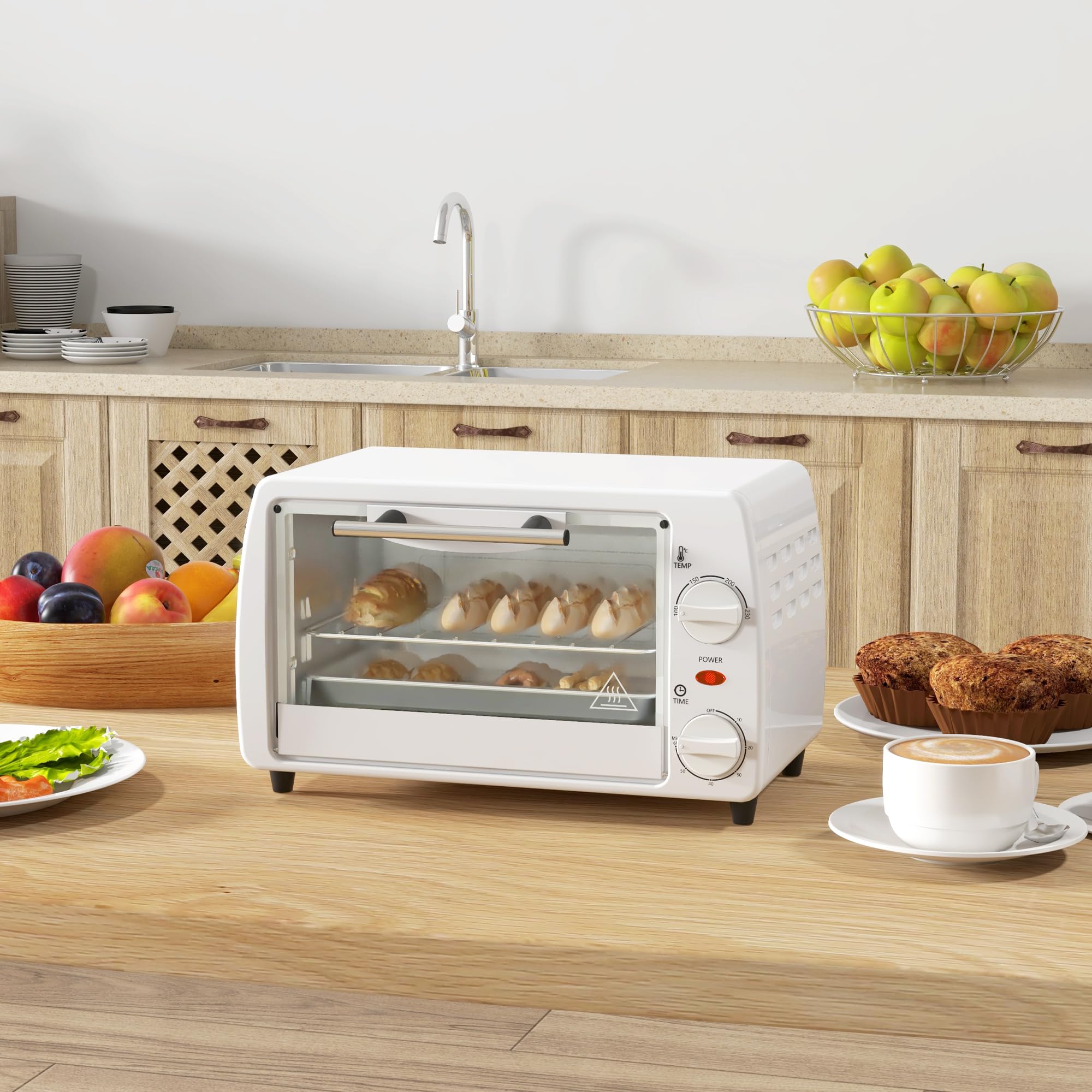 HOMCOM Forno elettrico da tavolo 10 litri 750W Piccolo forno elettrico con temperatura fino a 230 ℃ Timer 60 minuti Vassoio e cestello 36,5x26x22 cm Bianco