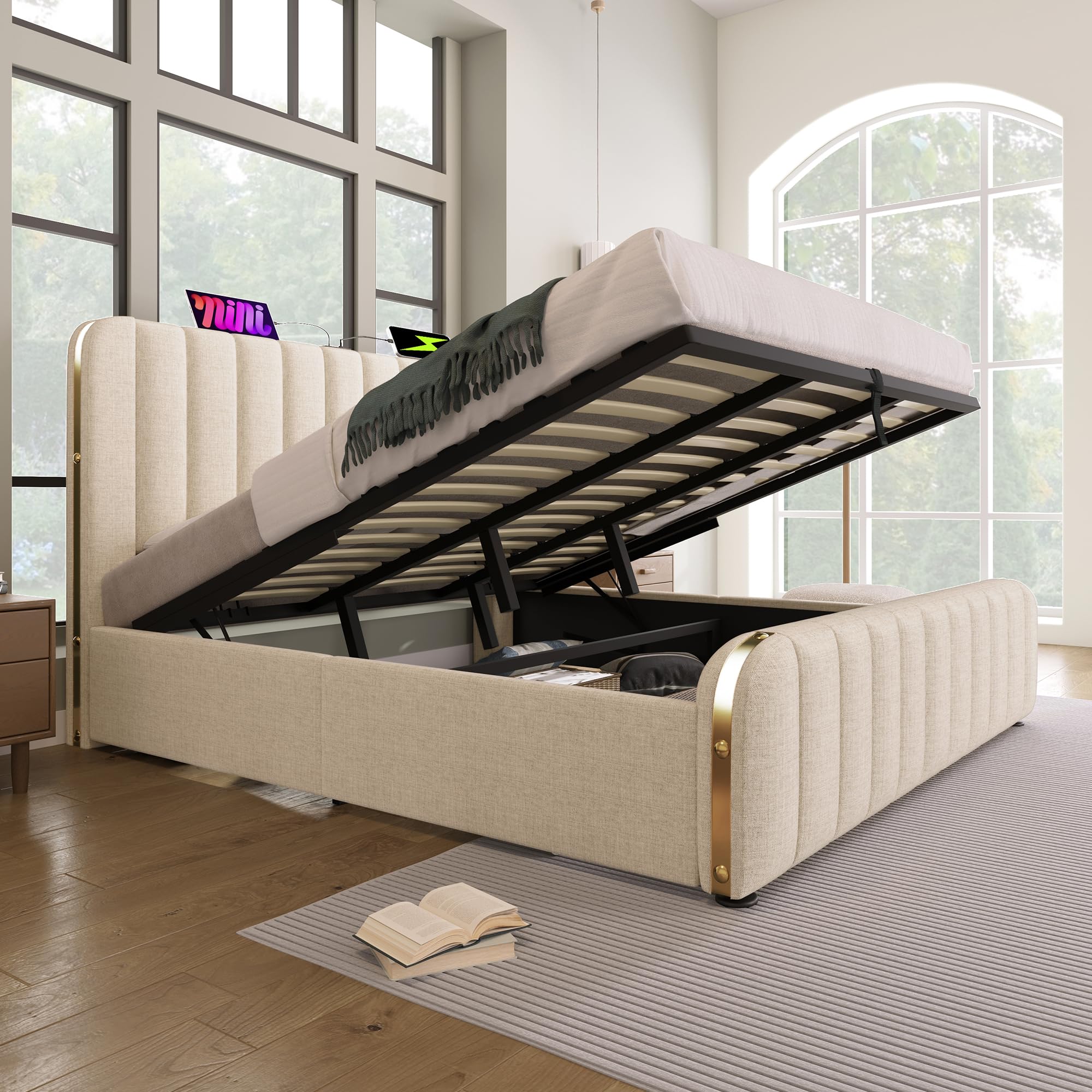 SUKY Cama tapizada Doble, Función de Carga USB Tipo-C, Cabecera Tapizada con Tiras Decorativas Doradas y, Material de Lino Cama Hidráulica con Soporte (Beige/Sin Colchón, 180 * 200 cm)