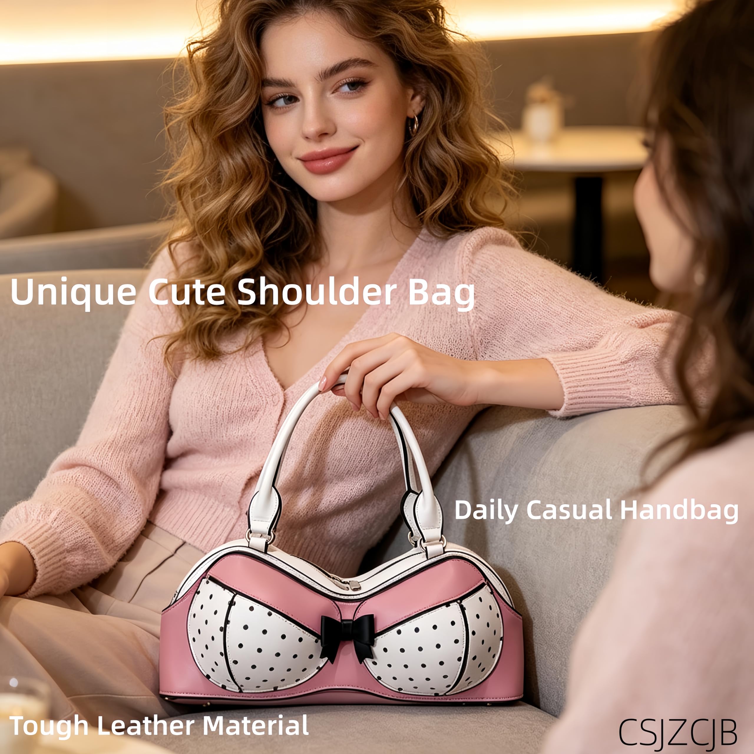 Bolso de hombro con forma de sujetador, bonito bolso de coqueta de lunares | Bolso de mano de piel sintética con lazo de lunares para mujer