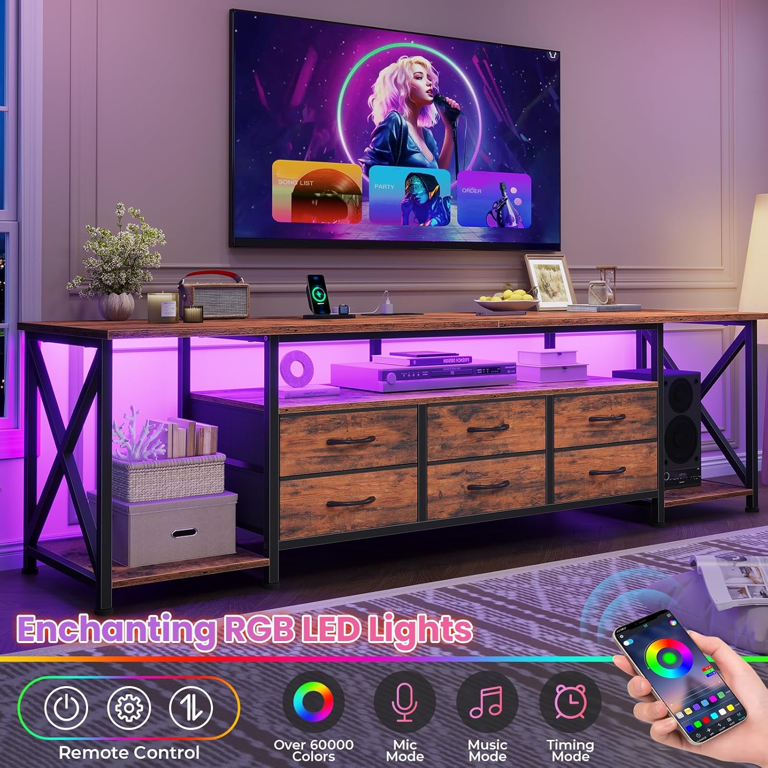 BTHFST TV Stand with LED Lights & Power Outlets, for TVs up to 85 Inches, 6 Drawers Entertainment Center with Open Storage Shelves, 71" TV Media Console Table for Living Room, Bedroom, Rustic Brown