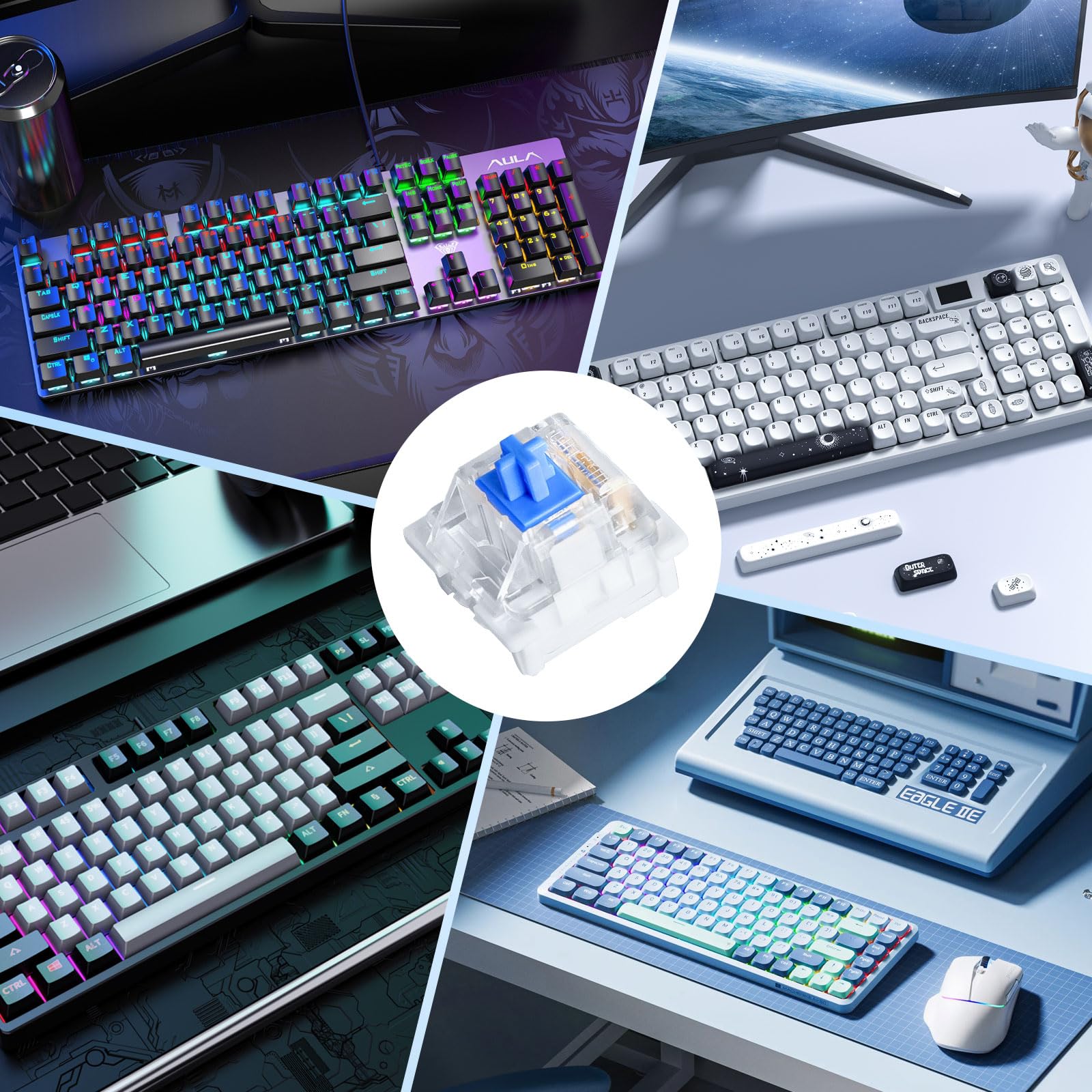 20 niebieskich przełączników klawiaturowych, przełączników klawiaturowych z wyciąganiem, 3 piny, zamiennik Blue Switch, przezroczysta obudowa do akcesoriów PC i klawiatur mechanicznych DIY