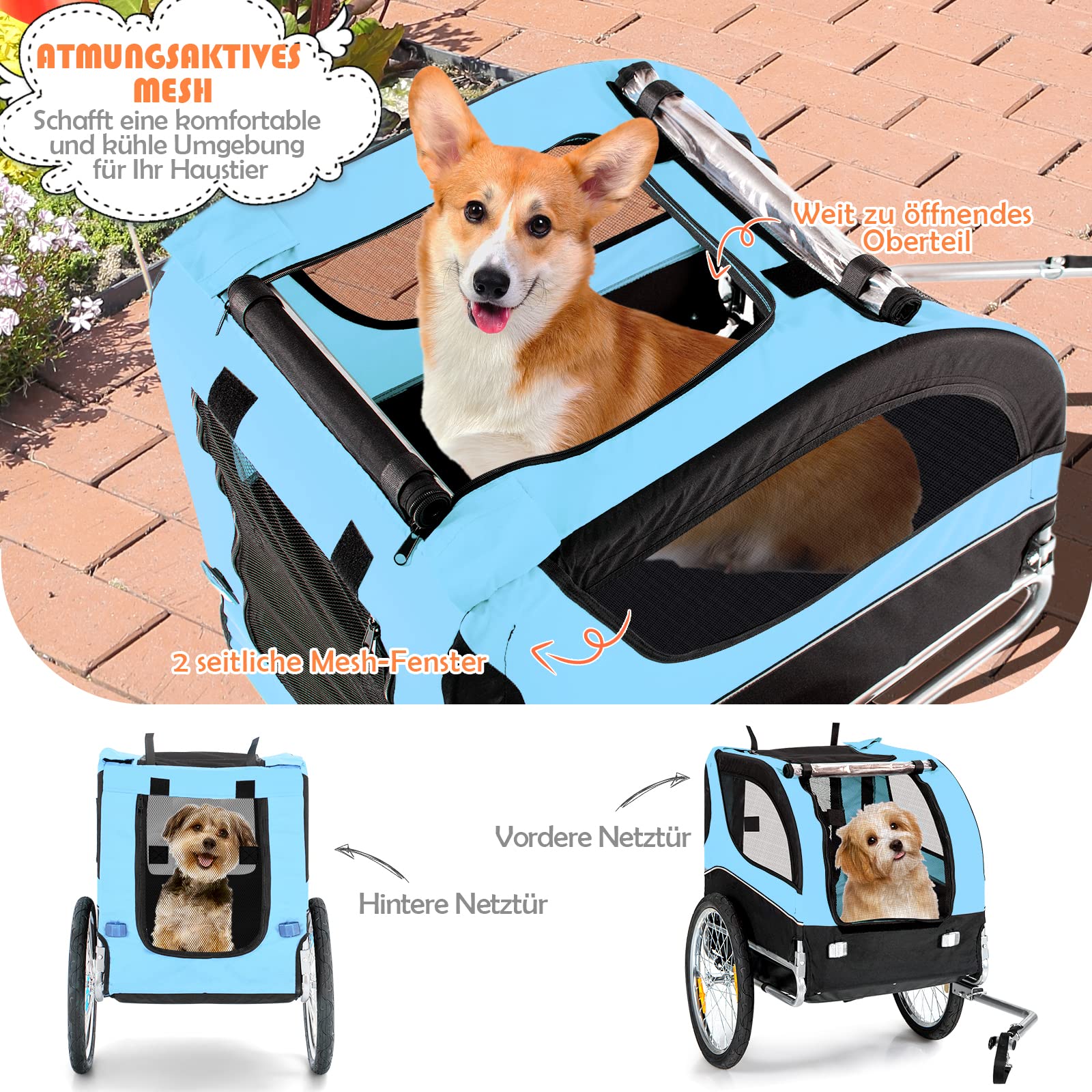 GYMAX Fahrradanhänger, Hundebuggy mit Sicherheitsfahne & 3 Eingängen, klappbarer Hundewagen bis 40kg belastbar, Haustierwagen mit Universalräder, Transportwagen für Hunde