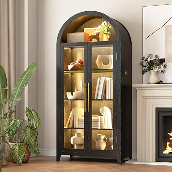 Arched Display Cabinet with Glass Doors, 3-Color LED Lights, Motion Sensor