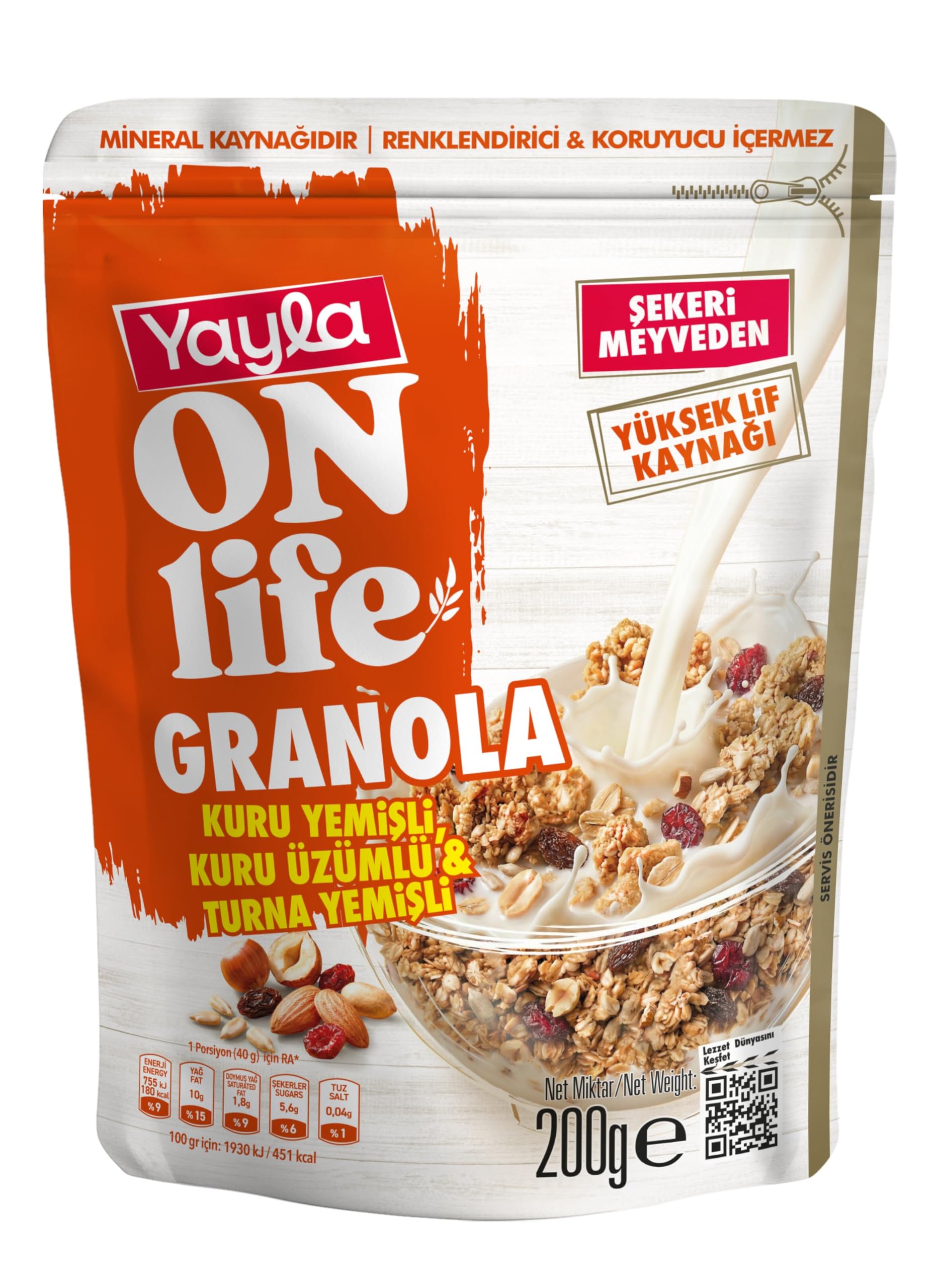 Yayla On Life Kuruyemişli Üzümlü Turna Yemişli Granola 200 Gr