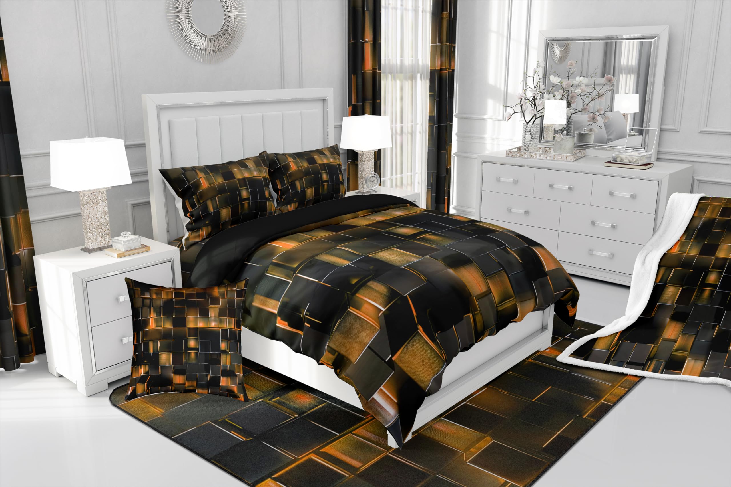 Homewish Black Pastel Orange Duvet Cover Modern Geometric Comforter Cover Gradient Neon Cubes Boys King Size Bedding Set,Abstract Square Grid Bed Set Lattice Wall Brick Decor - Image 4