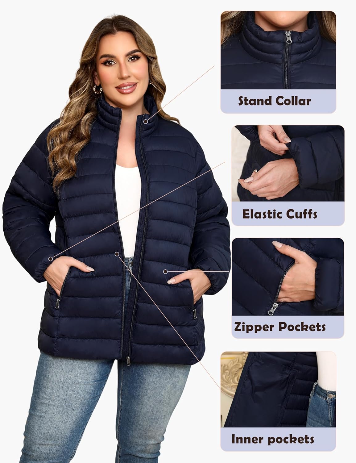 MIDNIGHTSUN Plus Size Women's Puffer Jacket Packable Lightweight Stand Collar Winter Puffer Coat - Image 4