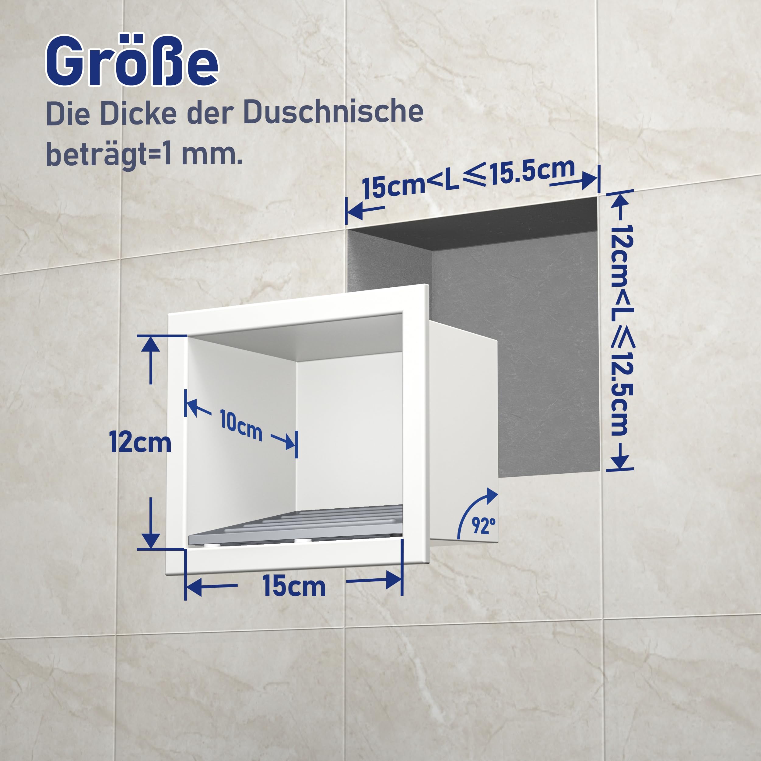 Duschnische, 304 Edelstahl Wandnische Weiß 15 cm x12 cm für Badezimmer, Einbaubadezimmer Fußstütze w/Over Mount Installation, Keine Fliesen erforderlich