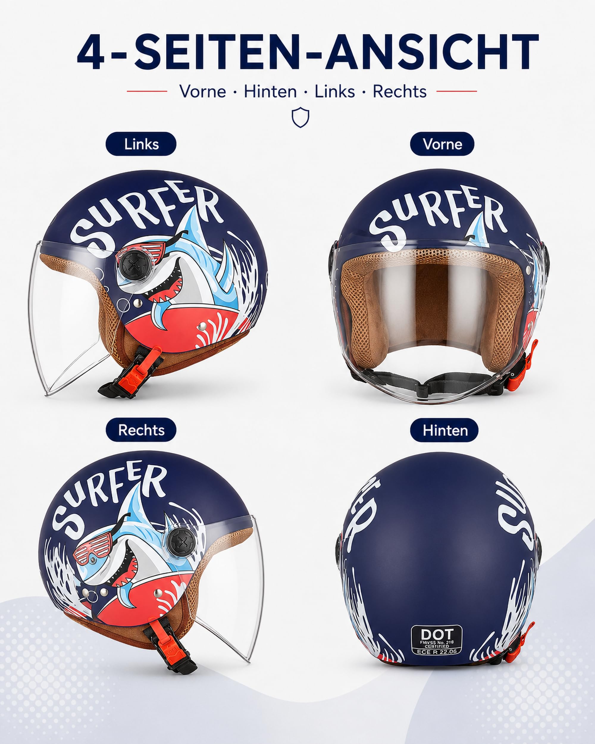 FREEUP Kinder Motorradhelm Roller Helm jethelm mit Sonnenblende, Mädchen Rollerhelm Junge Mofa helm, Schnellverschluss tasche, 48-55cm, für 5 Jahre - 12 Jahre Kid