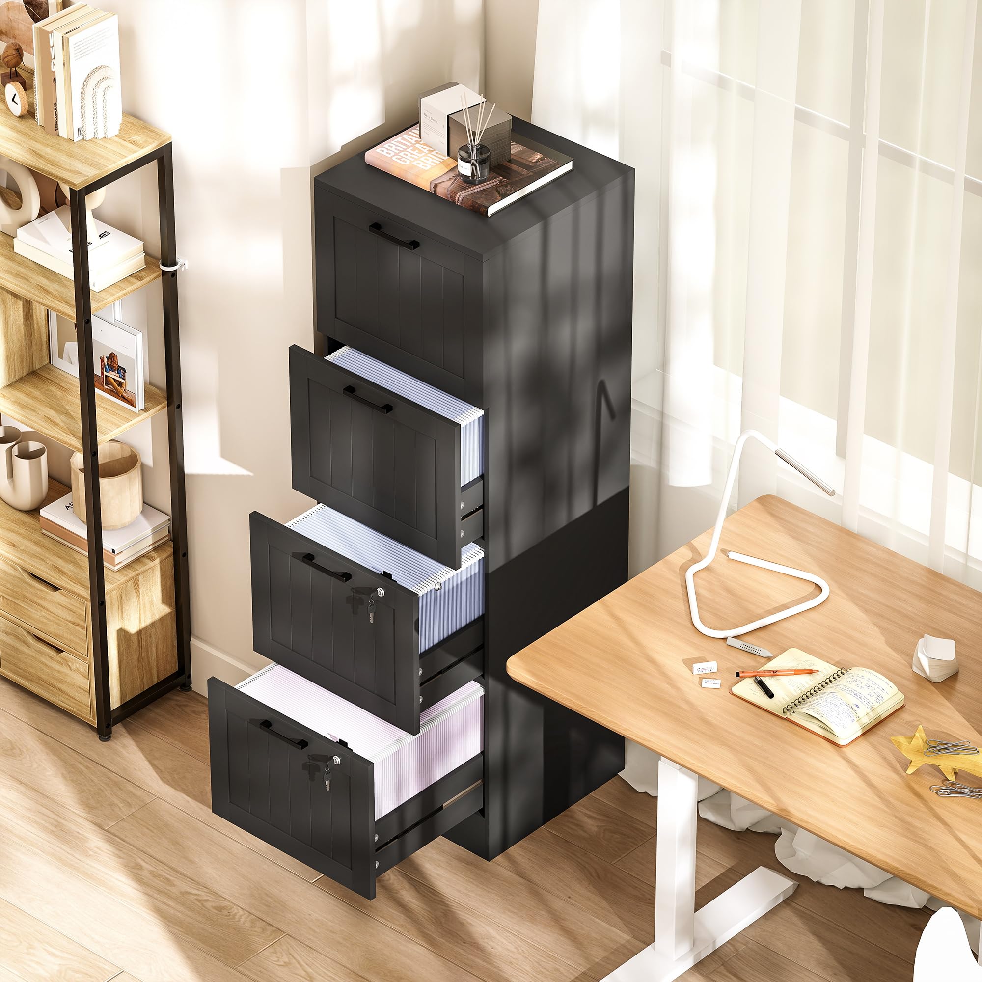 HOMCOM Caisson bureau avec 4 tiroirs et serrures, meuble rangement bureau avec barres de suspension réglables pour documents, caisson de rangement compact pour travail ou chambre, 40x40x131cm, noir