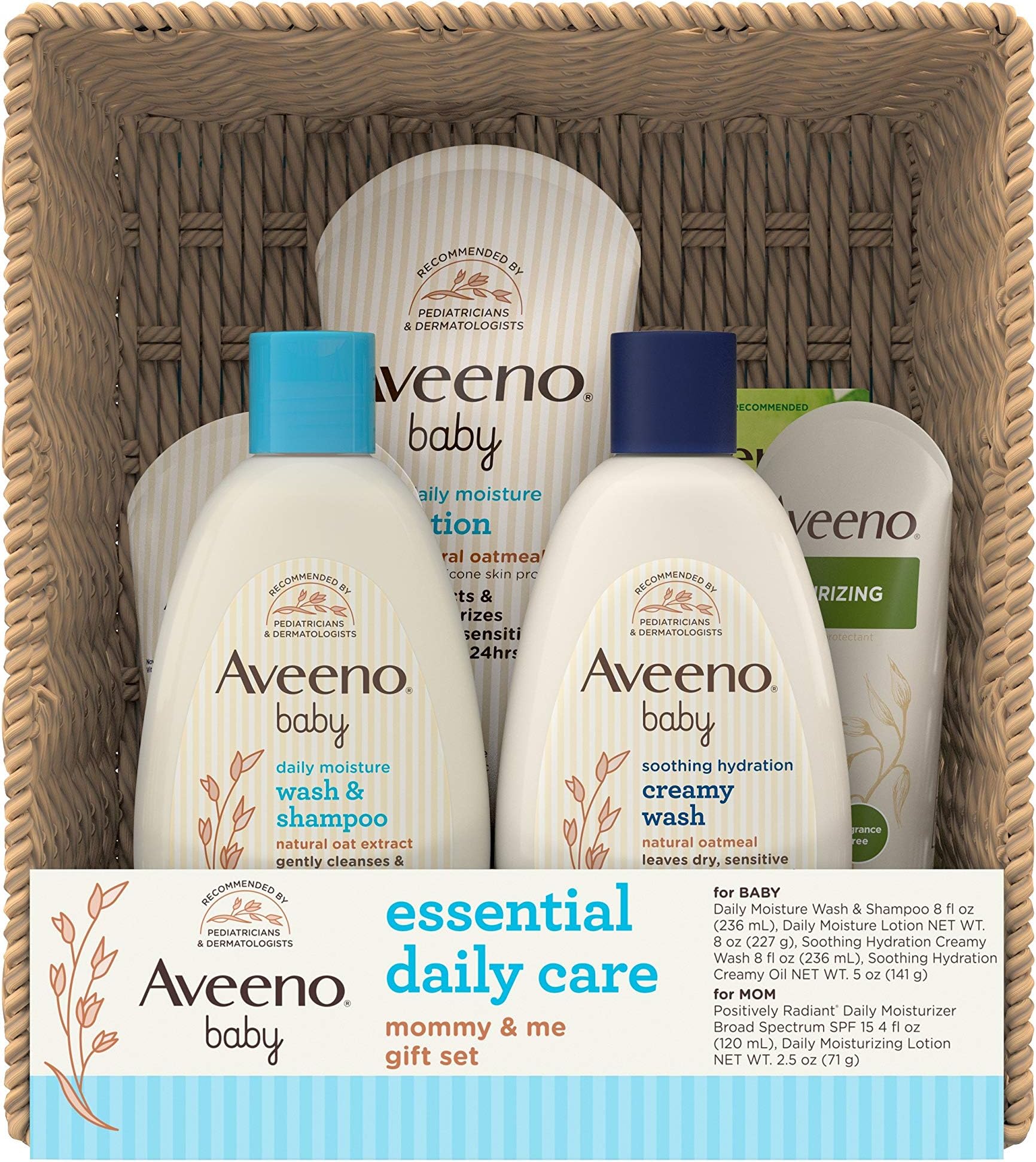 Aveeno Baby Essential Daily Care Baby & Mommy Gift Set featuring a Variety of Skin Care and Bath Products to Nourish Baby and Pamper Mom, Baby Gift for New and Expecting Moms, 7 items