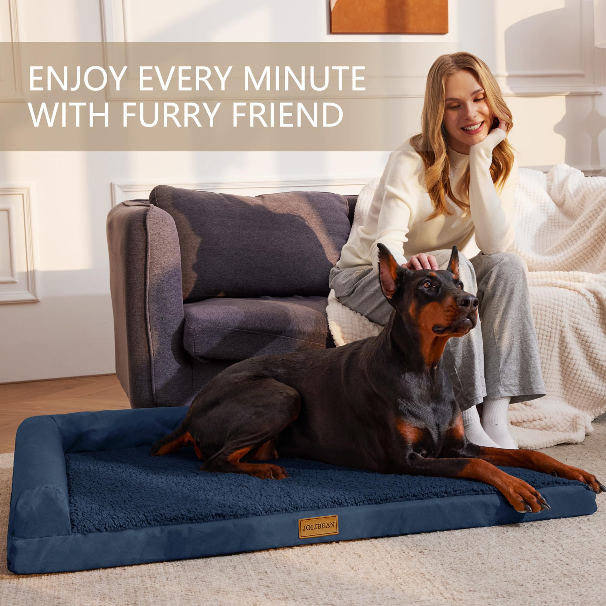 Cama Perro Grande Ortopédica, Colchoneta Perro de L, Sofá Perro con Espuma De Caja De Huevos, Impermeable Lavable Desenfundable, 122x76cm, Azul Marino