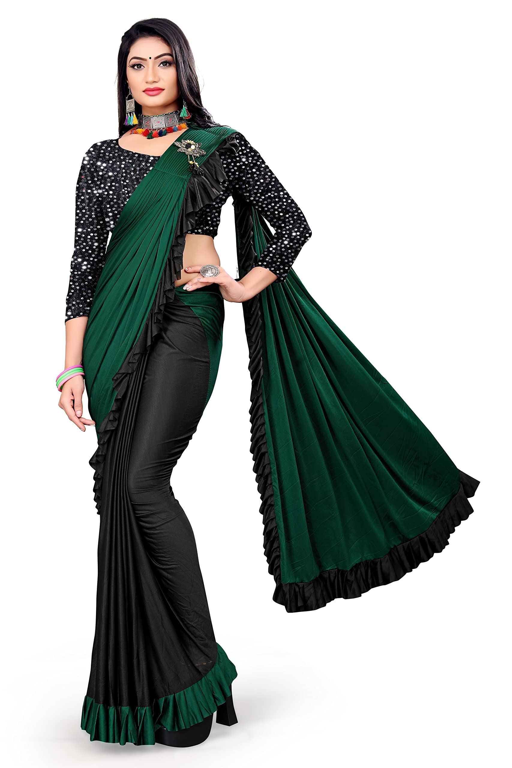 MOHIT CREATIONS Women's Party wear Pure Original Lycra Ruffle Saree With Unstitched Blouse