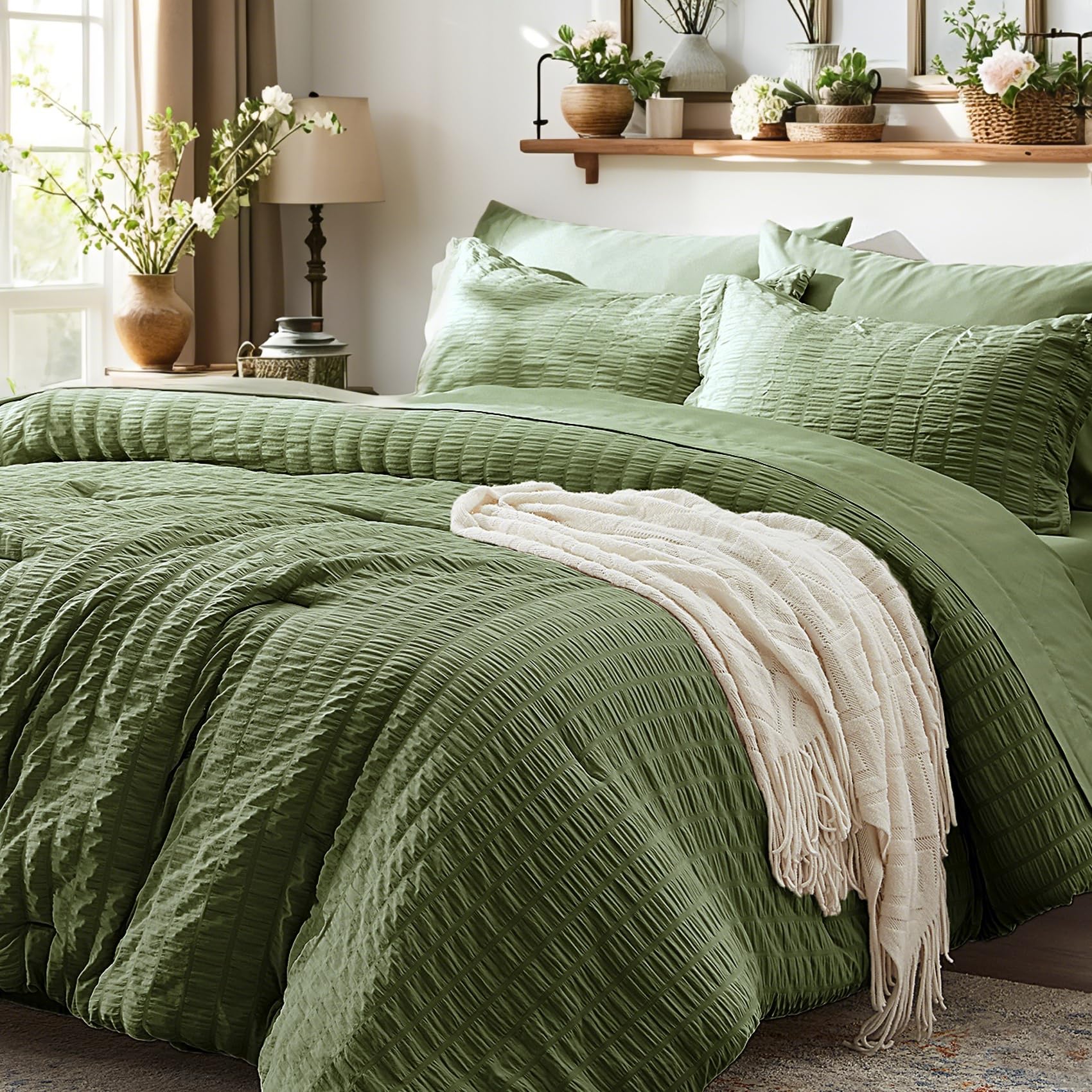 Zzlpp King Size Comforter Set 7 Pieces, Olive Green Seersucker Bed in a Bag with Sheets, All Season Bedding Sets with 1 Comforter, 2 Pillow Shams, 2 Pillowcases, 1 Flat Sheet, 1 Fitted Sheet