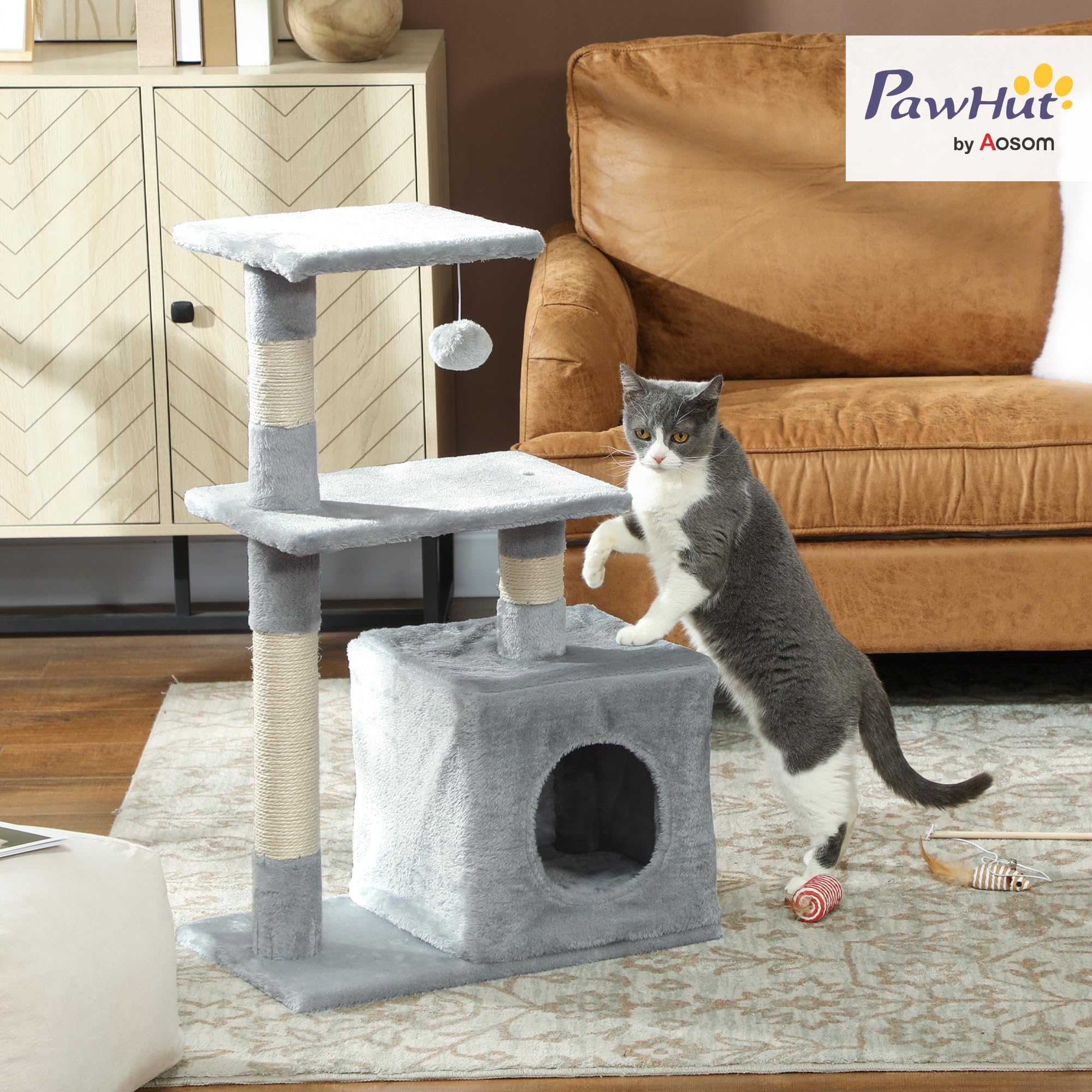 PawHut Arbre à Chat Hauteur 81,5 cm Tour de Jeux pour Chats avec poteaux en sisal, 2 Plates-Formes, Niche, Balle, Tissu Peluche, griffoir Multi-Niveaux idéal pour Chat 4,5 kg, Gris foncé