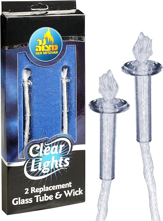 Ner Mitzvah Replacement Wicks for Glass Paraffin Shabbat No Mess and Premium Quality Candle Holder Cup with Glass Tubes (Pack of 2)