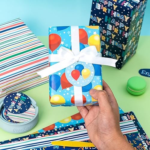 Miniatura 8 de WRAPAHOLIC Hoja de papel de regalo de cumpleaños, 12 hojas plegadas planas con 12 etiquetas de regalo para fiestas, baby shower, 19.7 x 27.5
