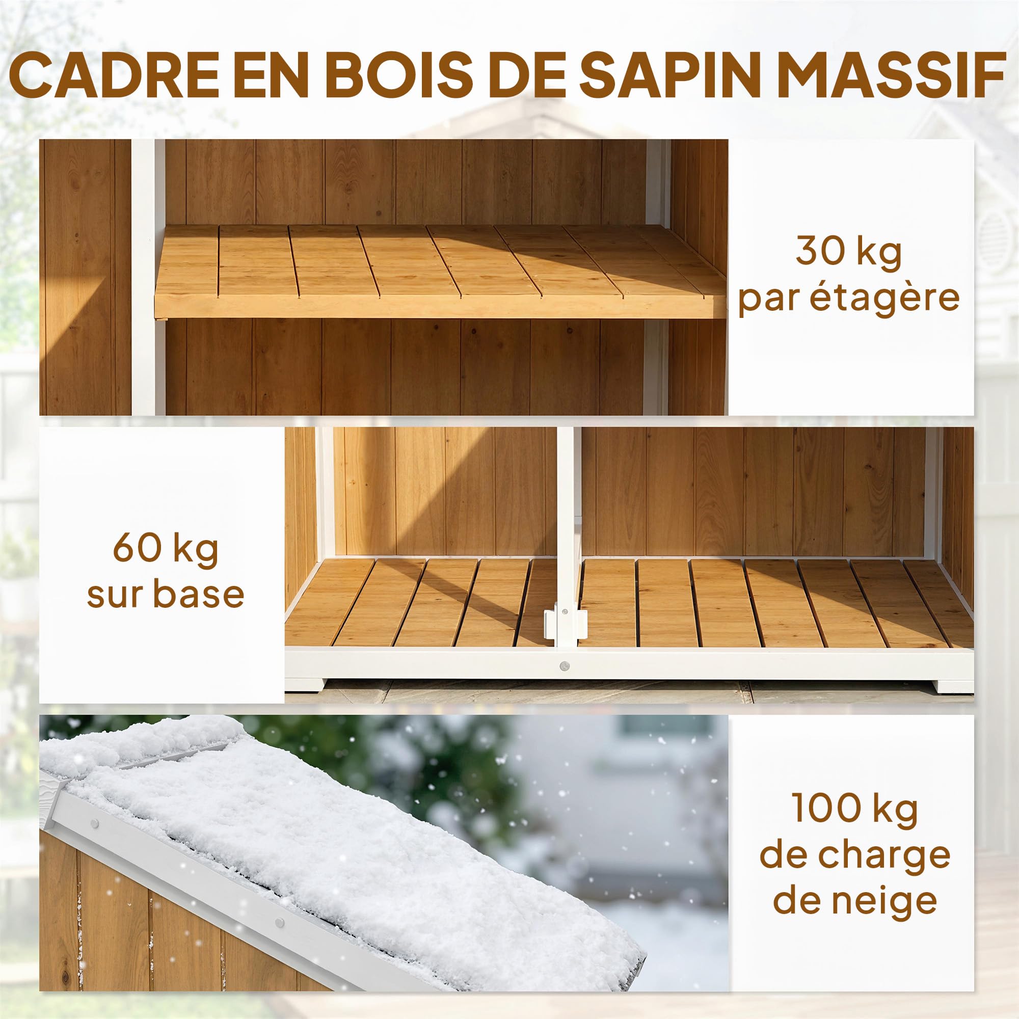Outsunny Armoire de Jardin en Bois - Abri de Jardin Extérieur Étanche avec Toit en Métal - Meuble de Rangement Terrasse à Double Porte pour Outils de Jardinage 105x55x179cm, Blanc et Naturel
