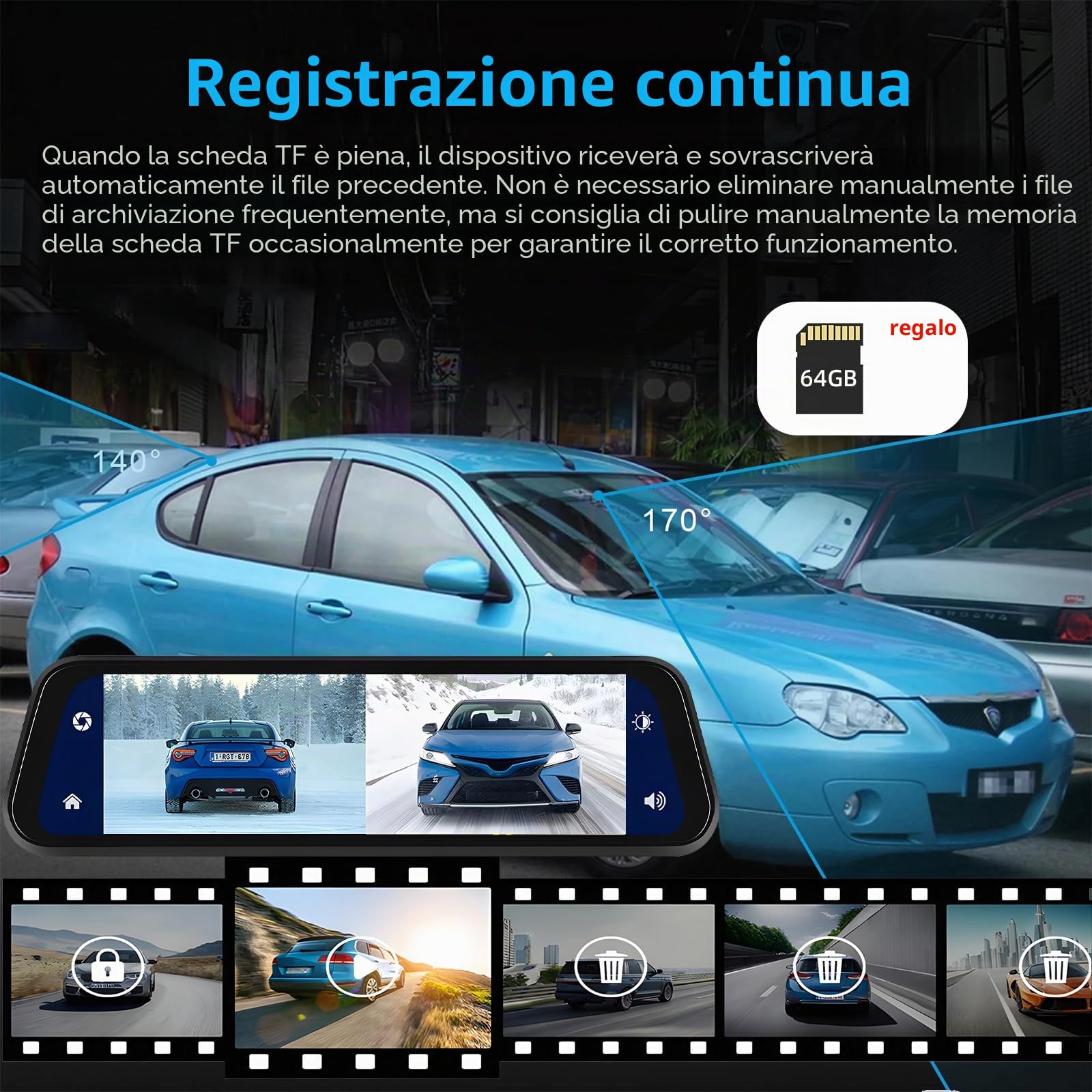 Podofo Specchietto Retrovisore Dash Cam 9.66" IPS Touch Screen Con Wireless Carplay, Android Auto, Dual 1080P Dashcam, 2 Schermi Divisi