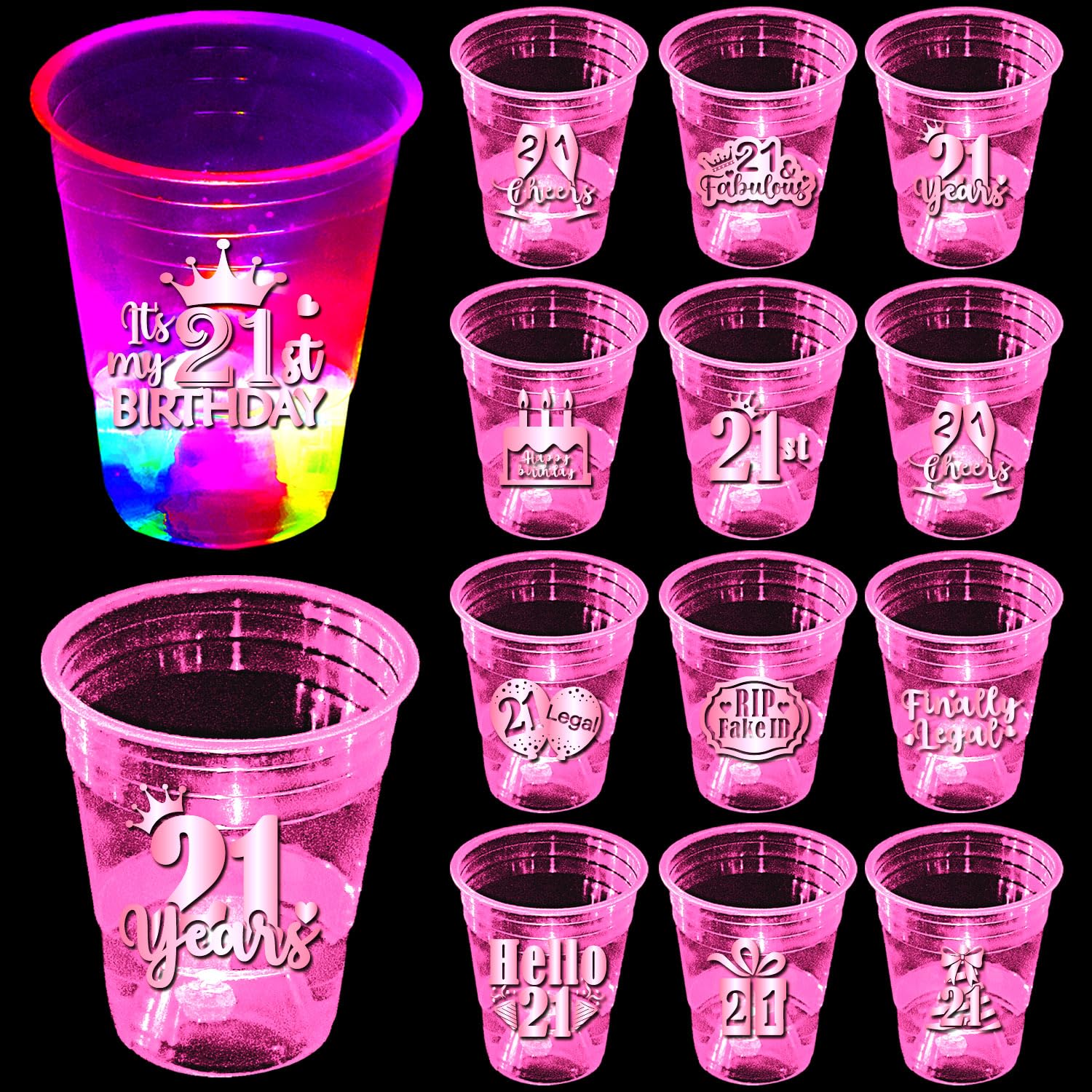 mishunyus 24 Pack Glow 21st Birthday Party Cups for Women - 16 oz Plastic Pink Cups with Rose Gold Foil Designs, Finally Legal & Happy 21" Decorations