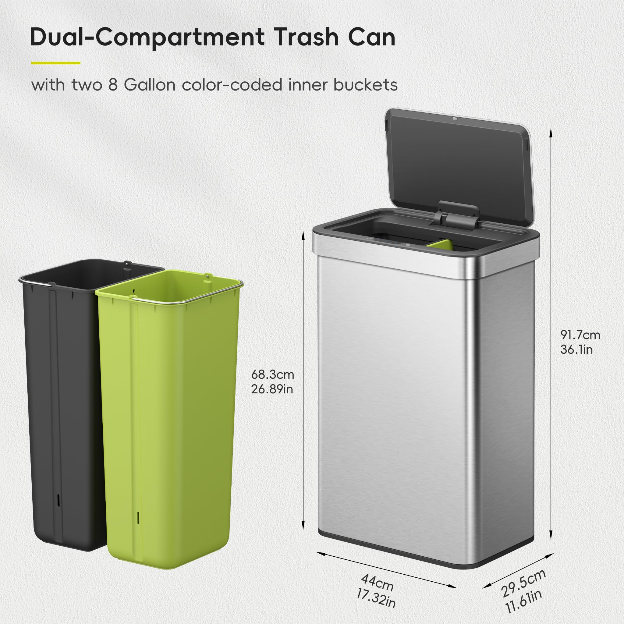 EKO Econova - Cubo de basura con sensor de movimiento doble, 30 L + 30 L, cubo de basura automático para cocina y reciclaje, tapa suave, antihuellas, cubo de basura de acero inoxidable 2