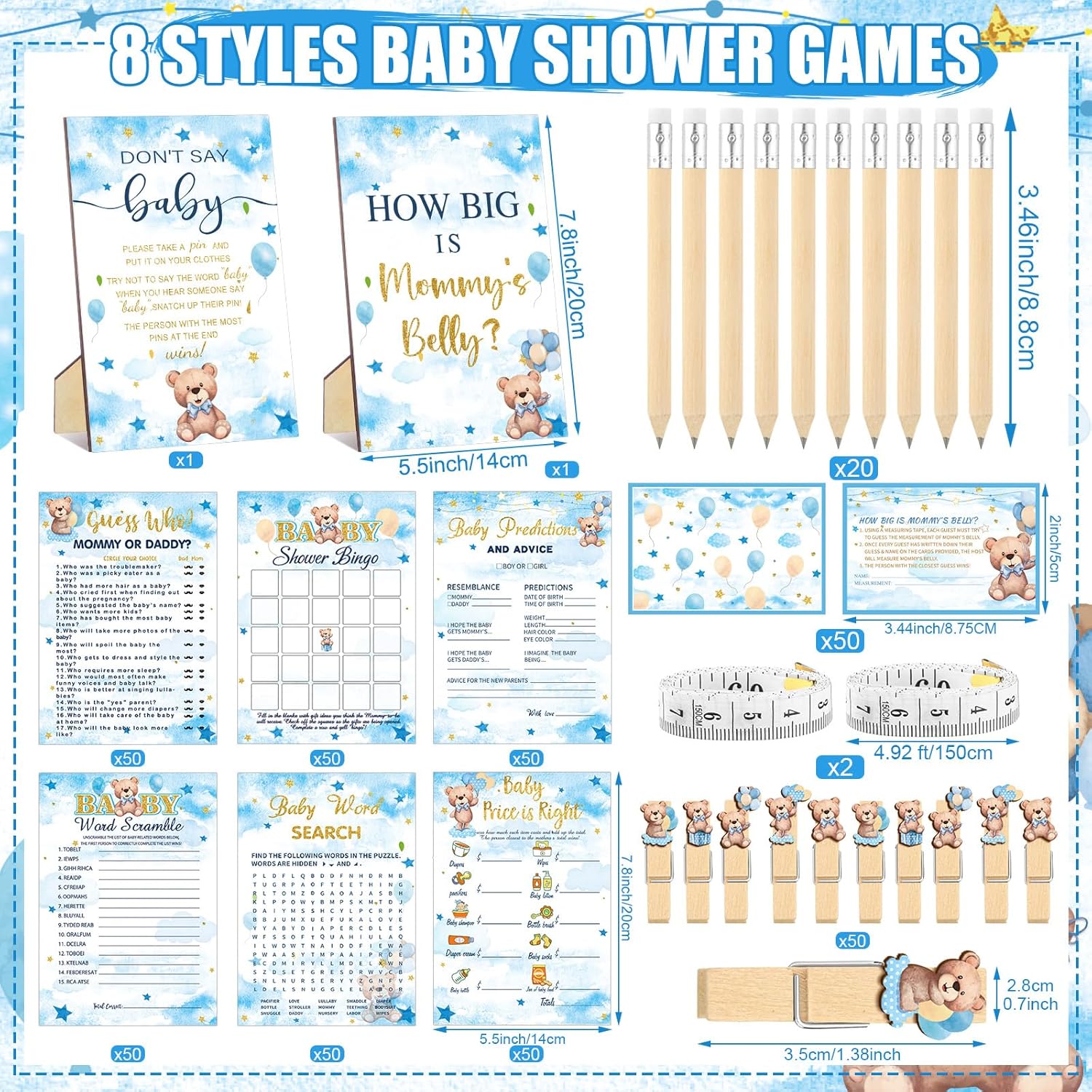 426 Pcs Blue Theme Bear Baby Shower Decorations Games Set-8 Games Includes Bearly Wait Baby Shower Decorations Bingo Prediction and Advice How Big is Mommy's Belly Don't Say The Words