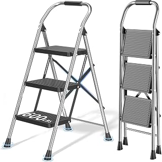 DIAMONDFORGE 3 Step Ladder Foldable Folding Stool - for Home Adults Kitchen, Iron, Black, Extension Tall Heavy Duty with Handrails - Closet Stepstool Extendable Stepladder for Indoor House 600 lbs