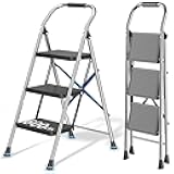 Step Ladder Foldable Folding Stool - for Home Adults Kitchen 3 Stepping Extension Tall Heavy Duty with Handrails - Closet Stepstool Stair Ladders Extendable Stepladder for Indoor House 600Lbs
