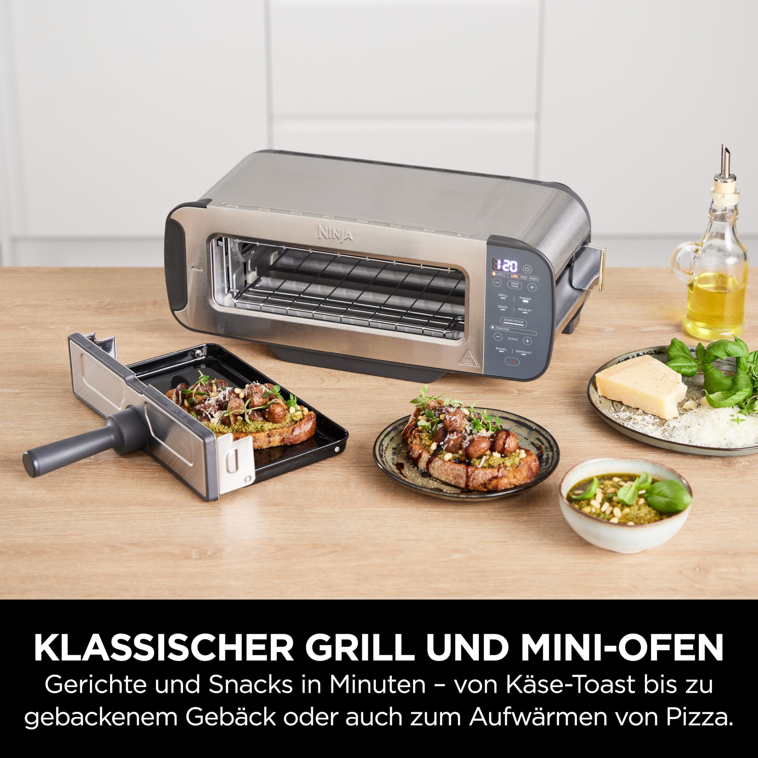 Ninja Foodi 3-in-1 Toaster, Elektrogrill mit Deckel, Panini-Presse mit Flip-Design, 7 Kochfunktionen, 7 Toastlinien, Backblech und Krümelschale, Edelstahl, ST202EU