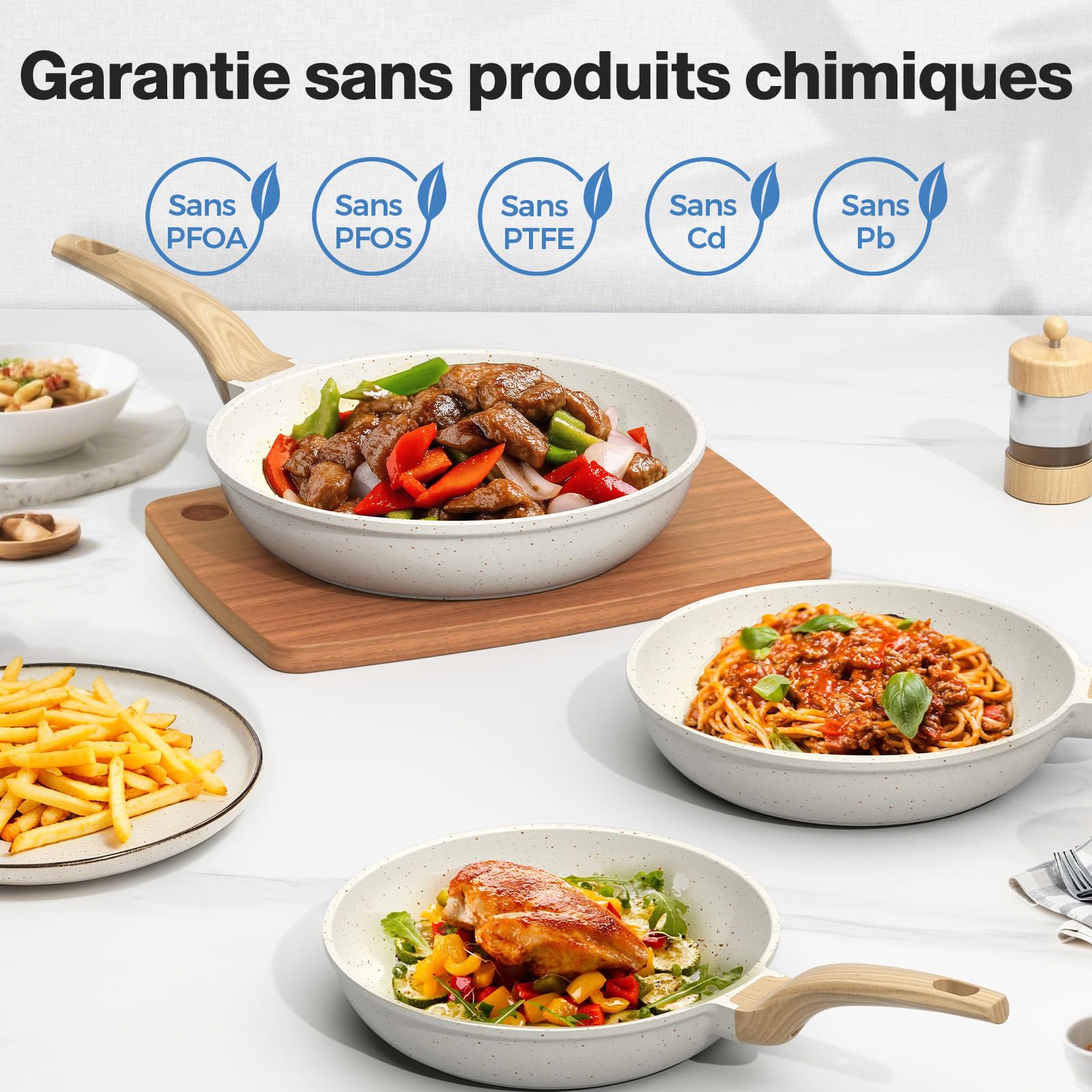 YASHE Ensemble de poêles antiadhésives, 3 pièces – Poêles en granit de 20/24/28 cm, compatibles induction, saines et durables, idéales pour les omelettes et la cuisine quotidienne, blanc