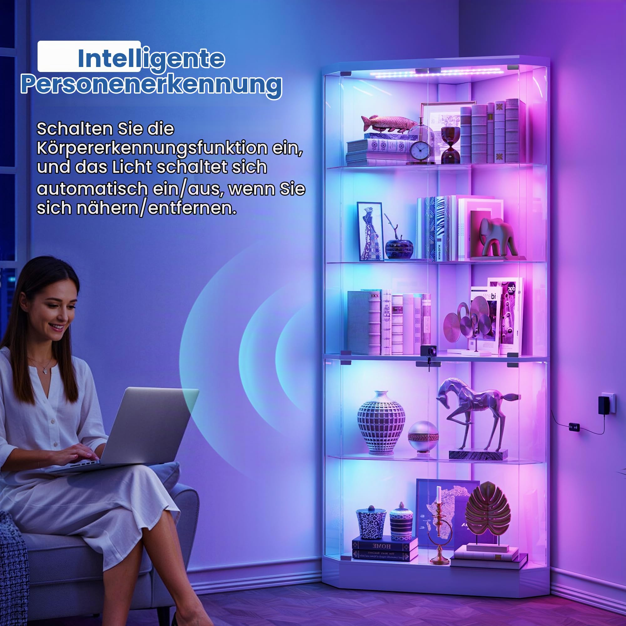 Lvifur 175cm 5-Lagen Eckvitrine mit Menschlicher Sensor & Glastüren,Weiß | Glasvitrine mit LED Beleuchtung für Sammlervitrine und Wohnzimmer