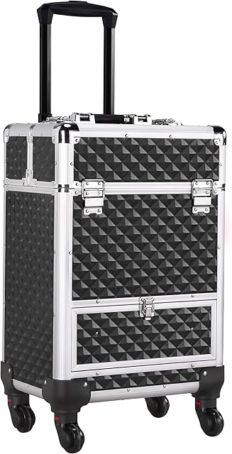 Yaheetech Makeup Trolley on Wheels/Cosmetic Case Organiser/Large Makeup Beauty Case/Lockable Nail Case Trolley with Drawer/Nail Technicians Makeup Artists/Black