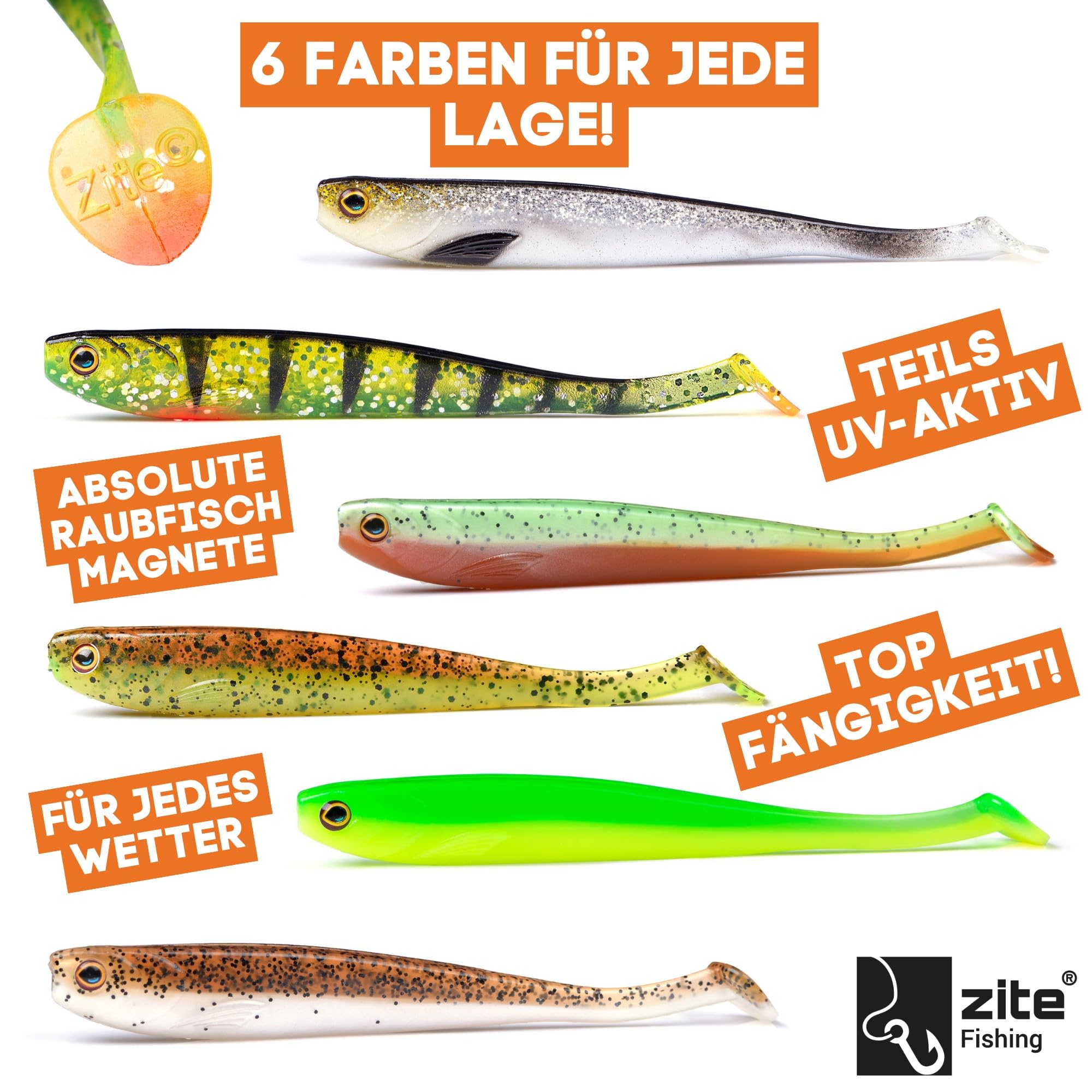 Zite Fishing - Set di pesci luccioperca in gomma, 12 cm, colori assortiti, 5 pezzi, esca in gomma per luccioperca, Softbait